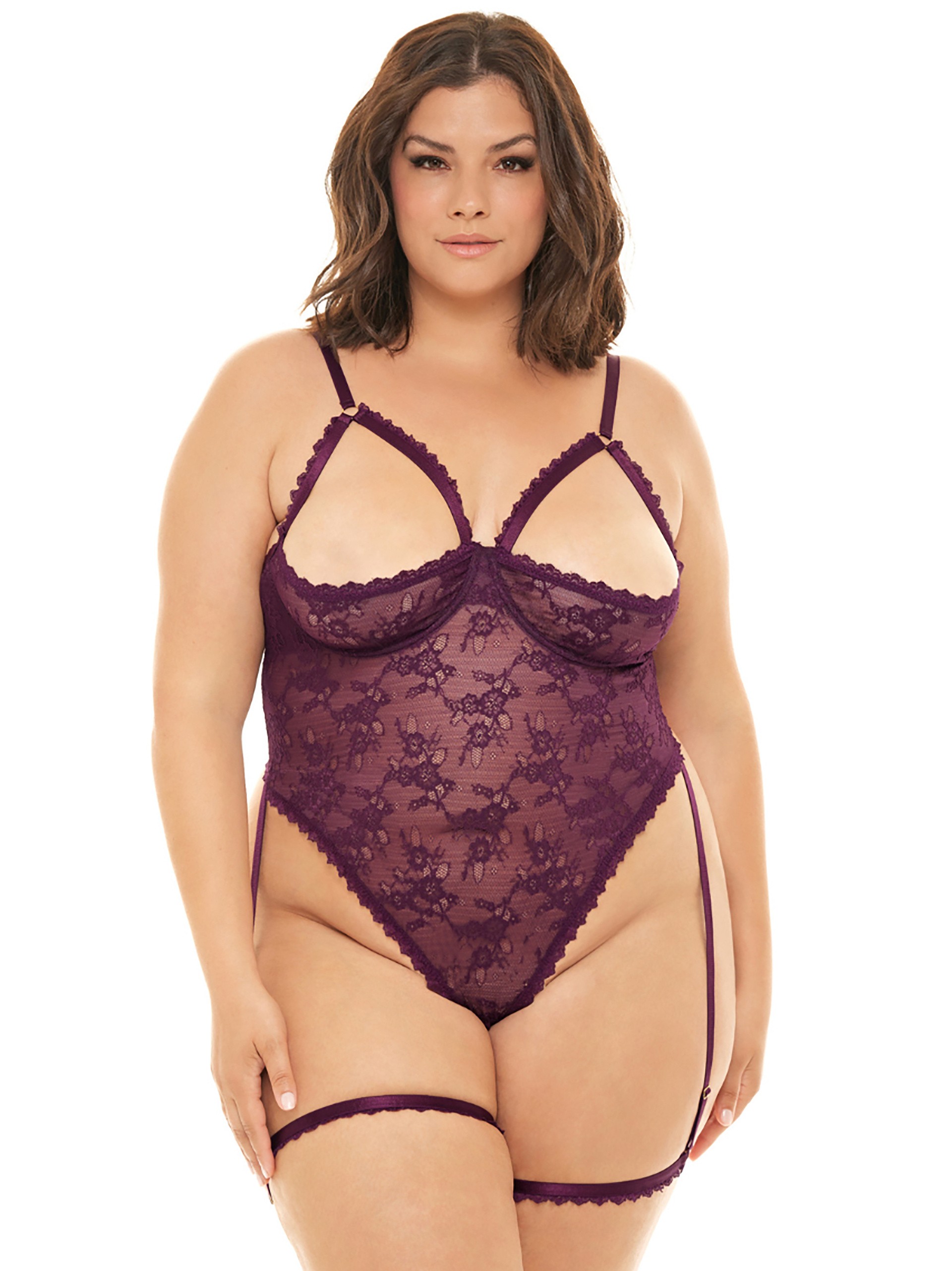 Oh La La Cheri Elayne Open-Cup Crotchless Lace Body with Garter Straps, Plum, hi-res