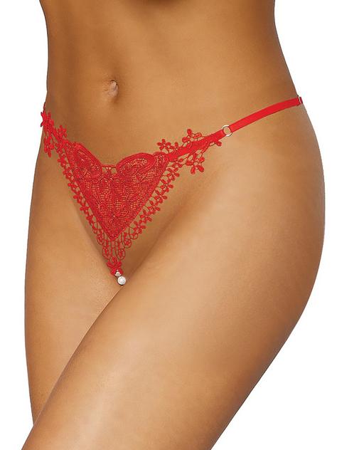 Dreamgirl Red Sheer Embroidered Heart and Pearl Open-Back Thong, Red, hi-res