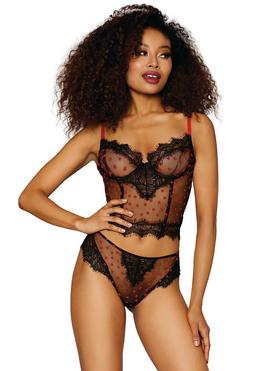 Dreamgirl Black and Red Mesh and Eyelash Lace Flocked Heart Longline Bra Set