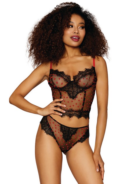 Dreamgirl Black and Red Mesh and Eyelash Lace Flocked Heart Longline Bra Set, Black, hi-res