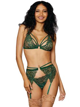  Dreamgirl Green Metallic Lace Bralette and Suspender Set