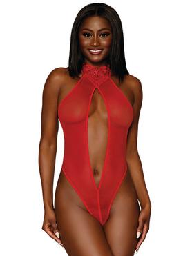 Dreamgirl Red Fishnet and Heart Trim Crotchless Pearl Thong Body
