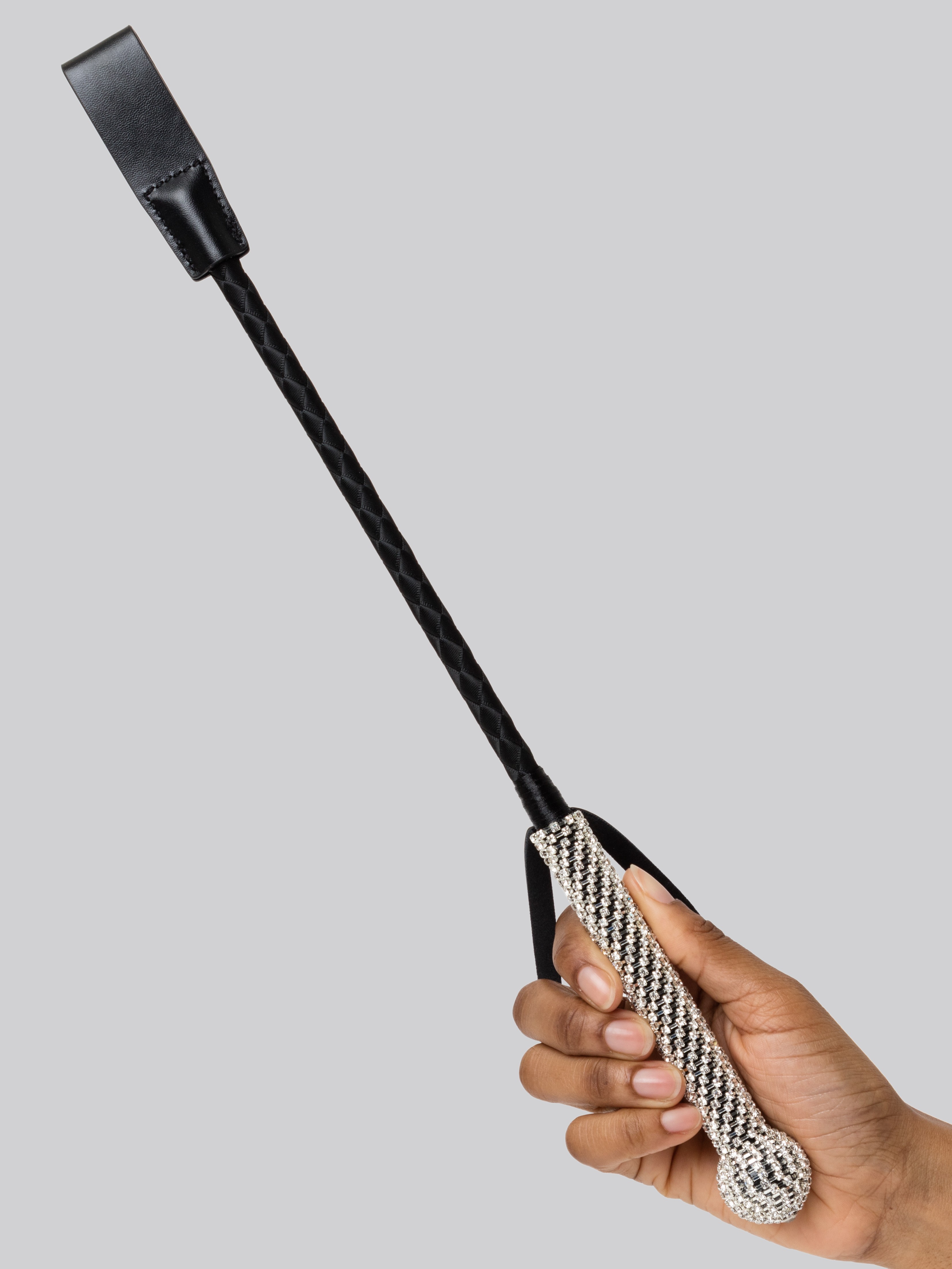 Diamante Handle Faux Leather Riding Crop, Black, hi-res