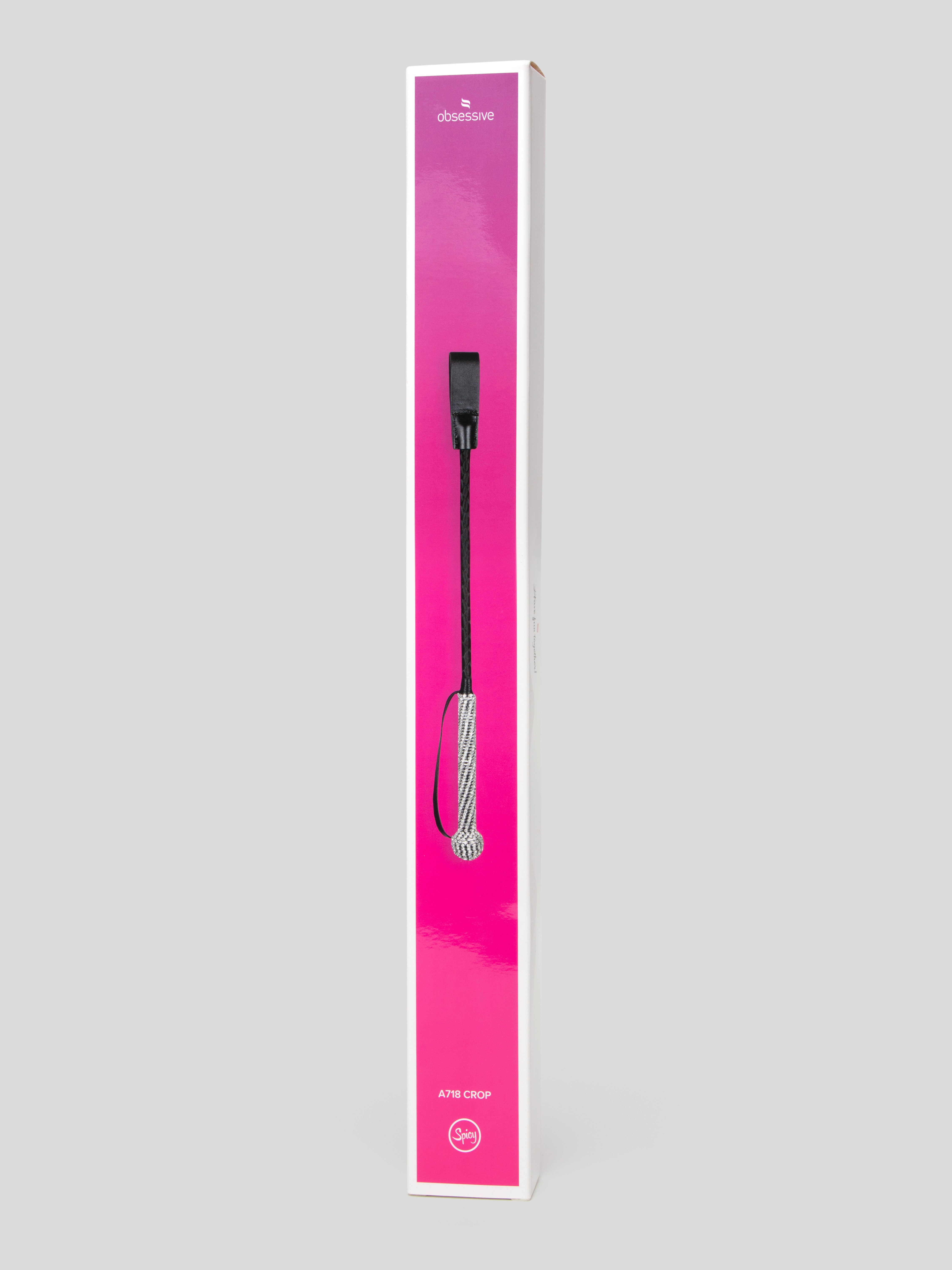 Diamante Handle Faux Leather Riding Crop, Black, hi-res