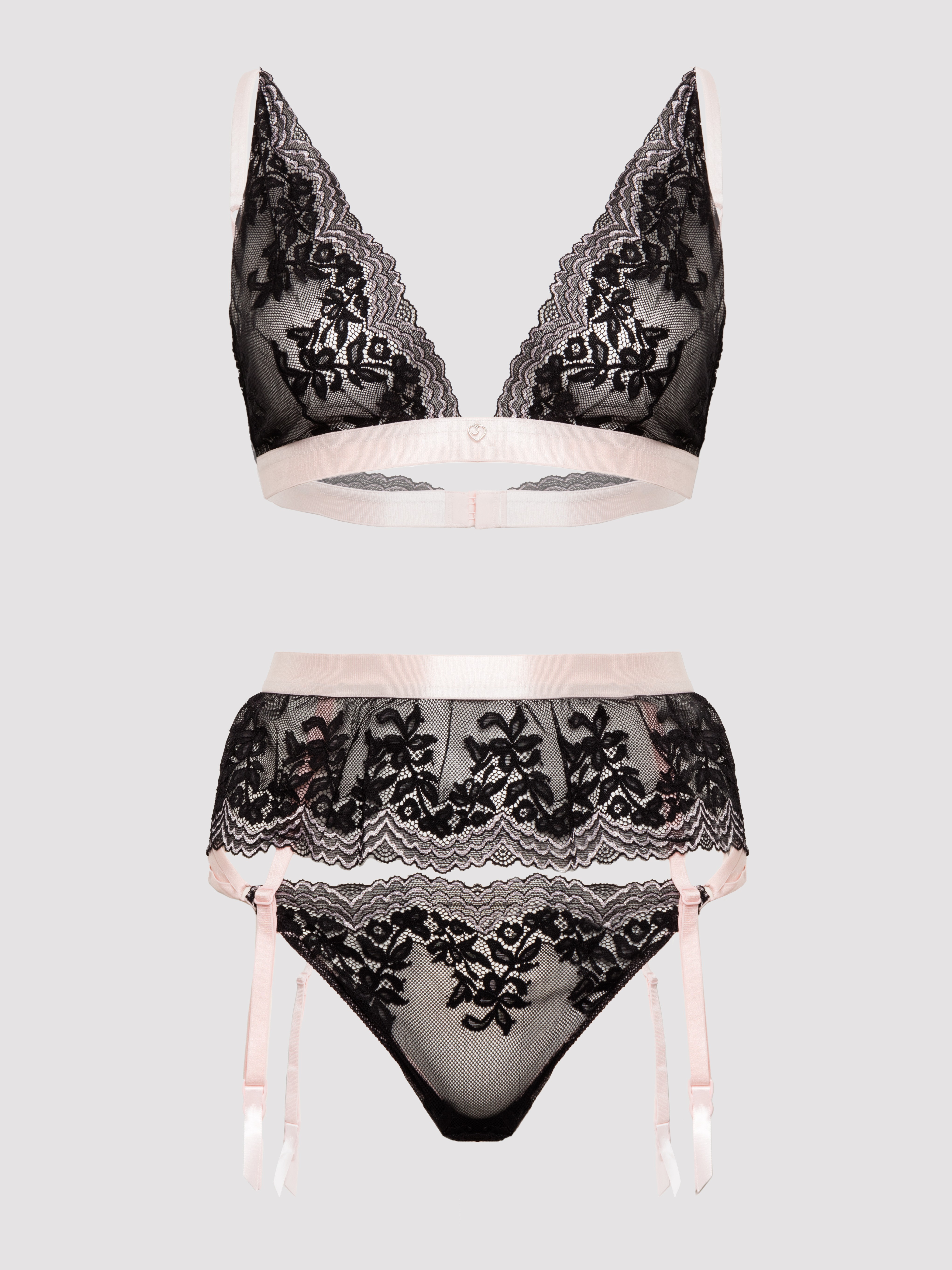 Lovehoney Lustrous Lace Black Bra Set, Black, hi-res