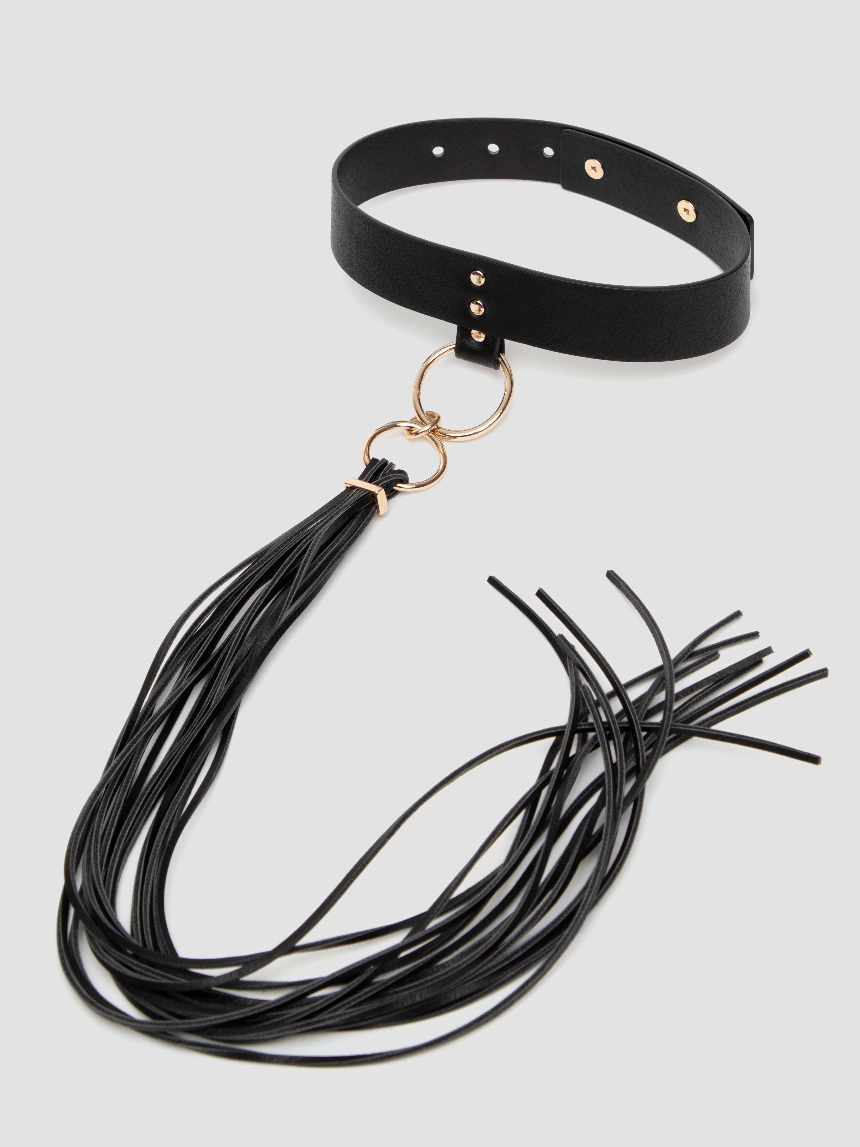 Bijoux Indiscrets Black Faux Leather Choker with Detachable Flogger , Black, hi-res