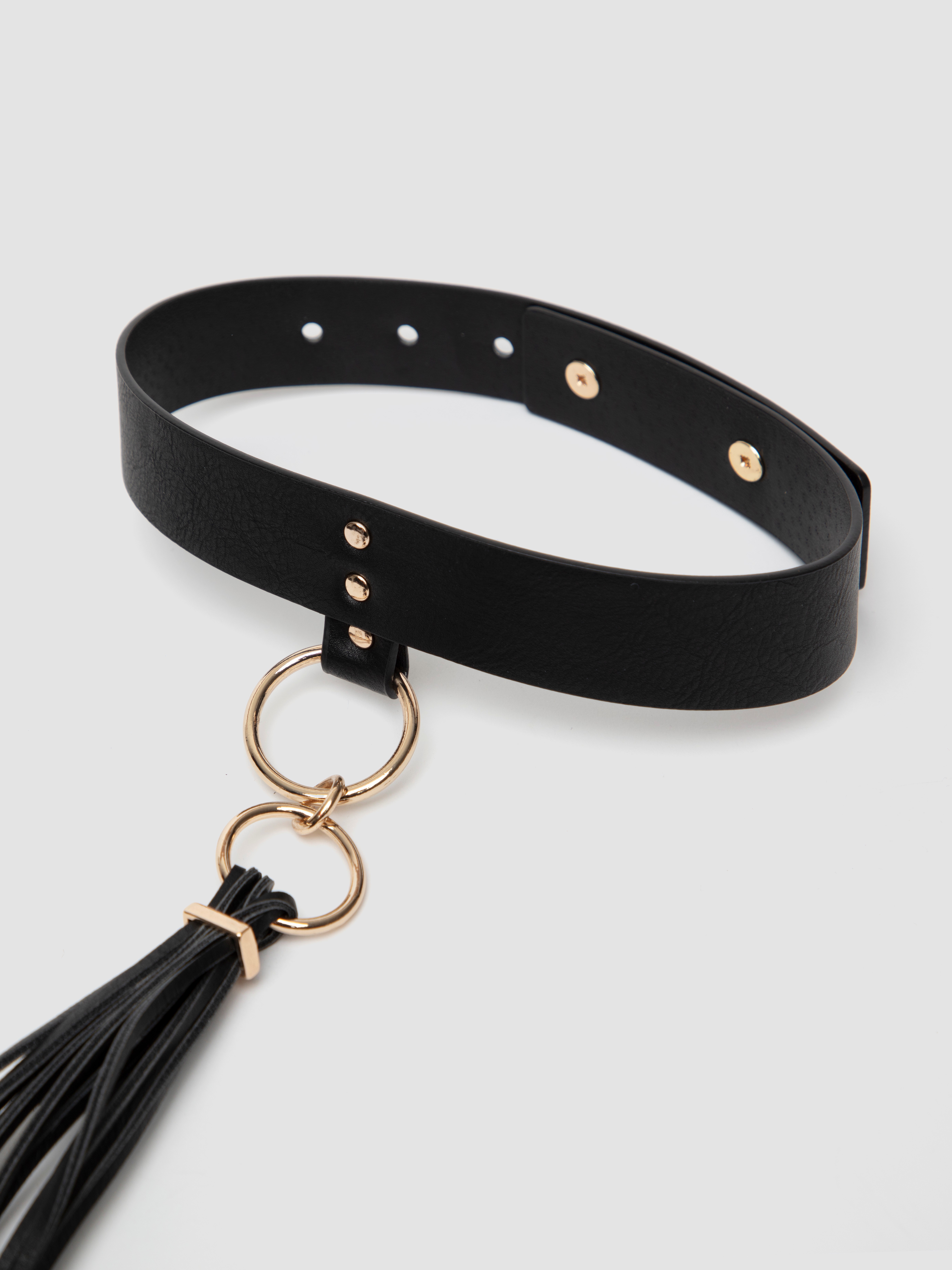 Bijoux Indiscrets Black Faux Leather Choker with Detachable Flogger , Black, hi-res