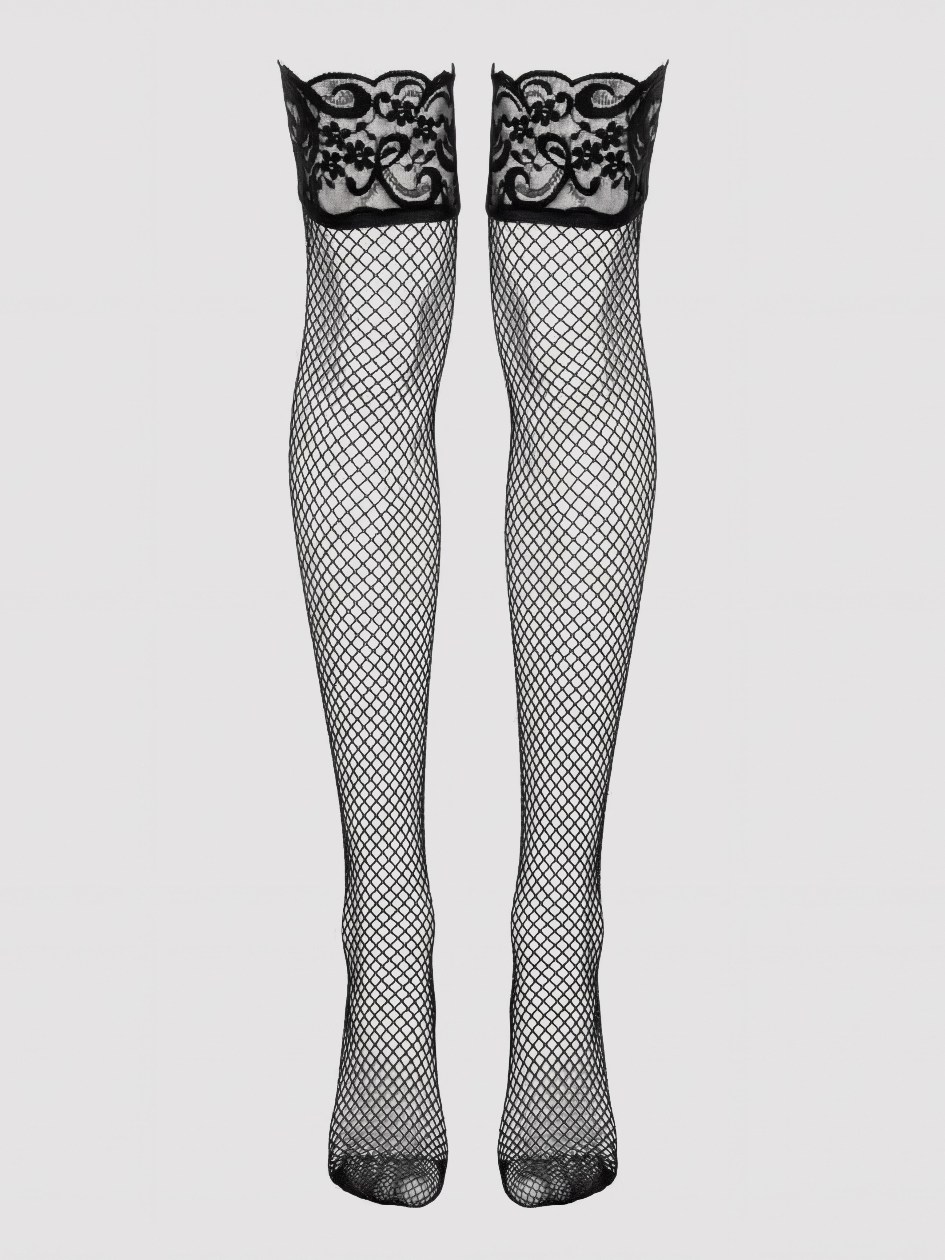 Lovehoney Fishnet Lace Top Hold-Ups, Black, hi-res