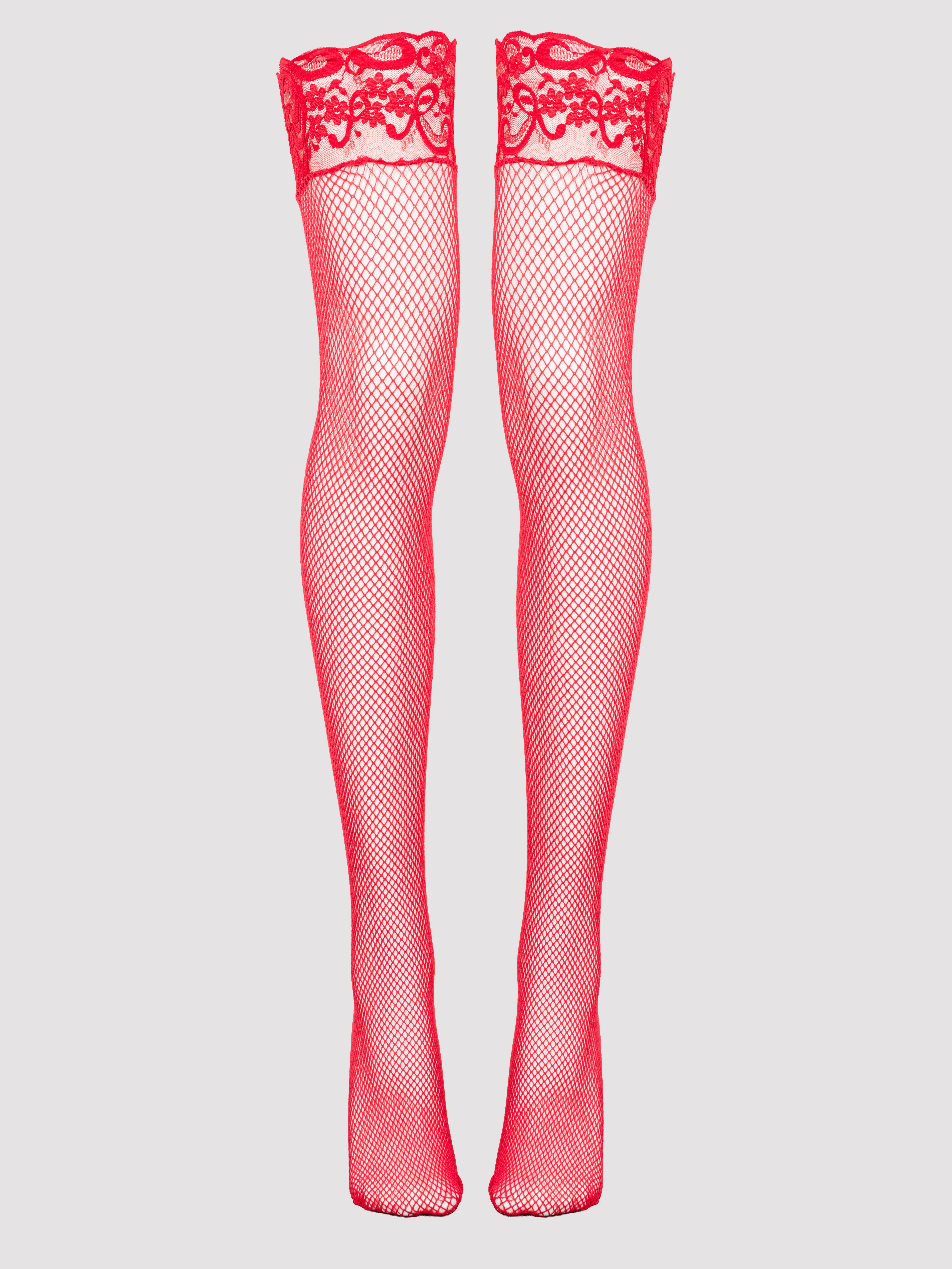 Lovehoney Fishnet Lace Top Hold-Ups, Red, hi-res