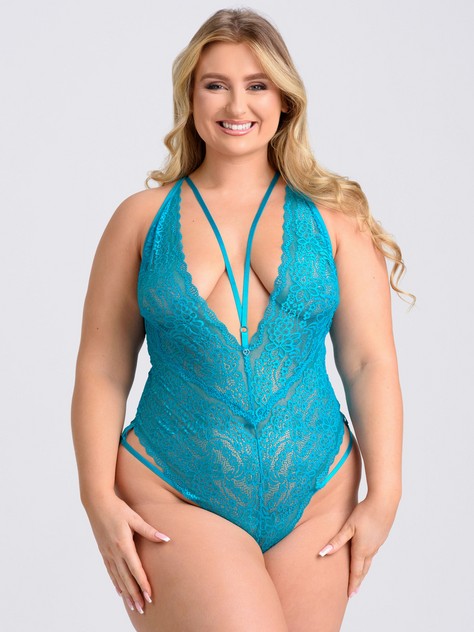 Lovehoney Late Night Liaison Blue Crotchless Lace Teddy, Blue, hi-res