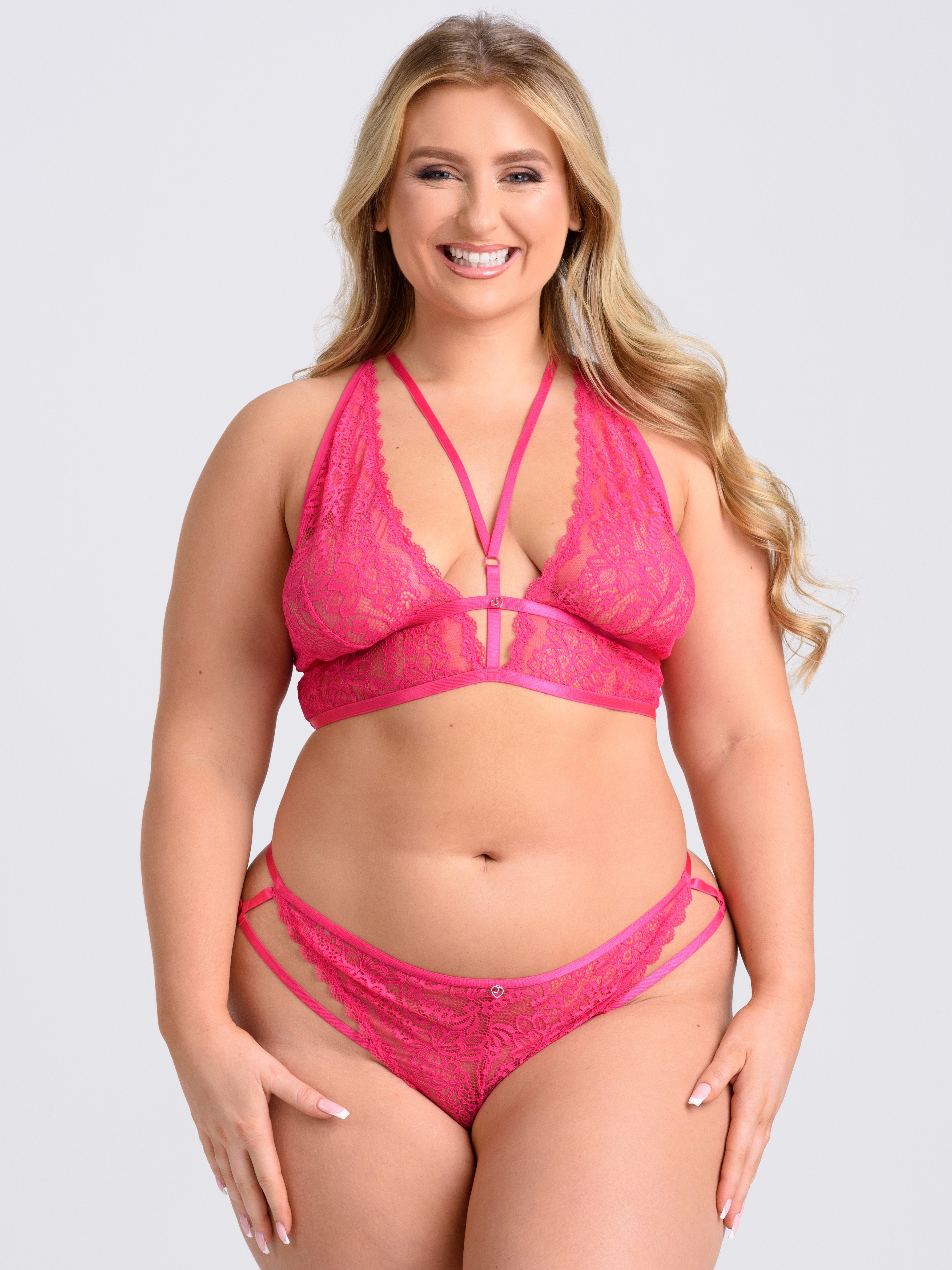 Lovehoney Late Night Liaison Wine Crotchless Bra Set, Hot Pink, hi-res