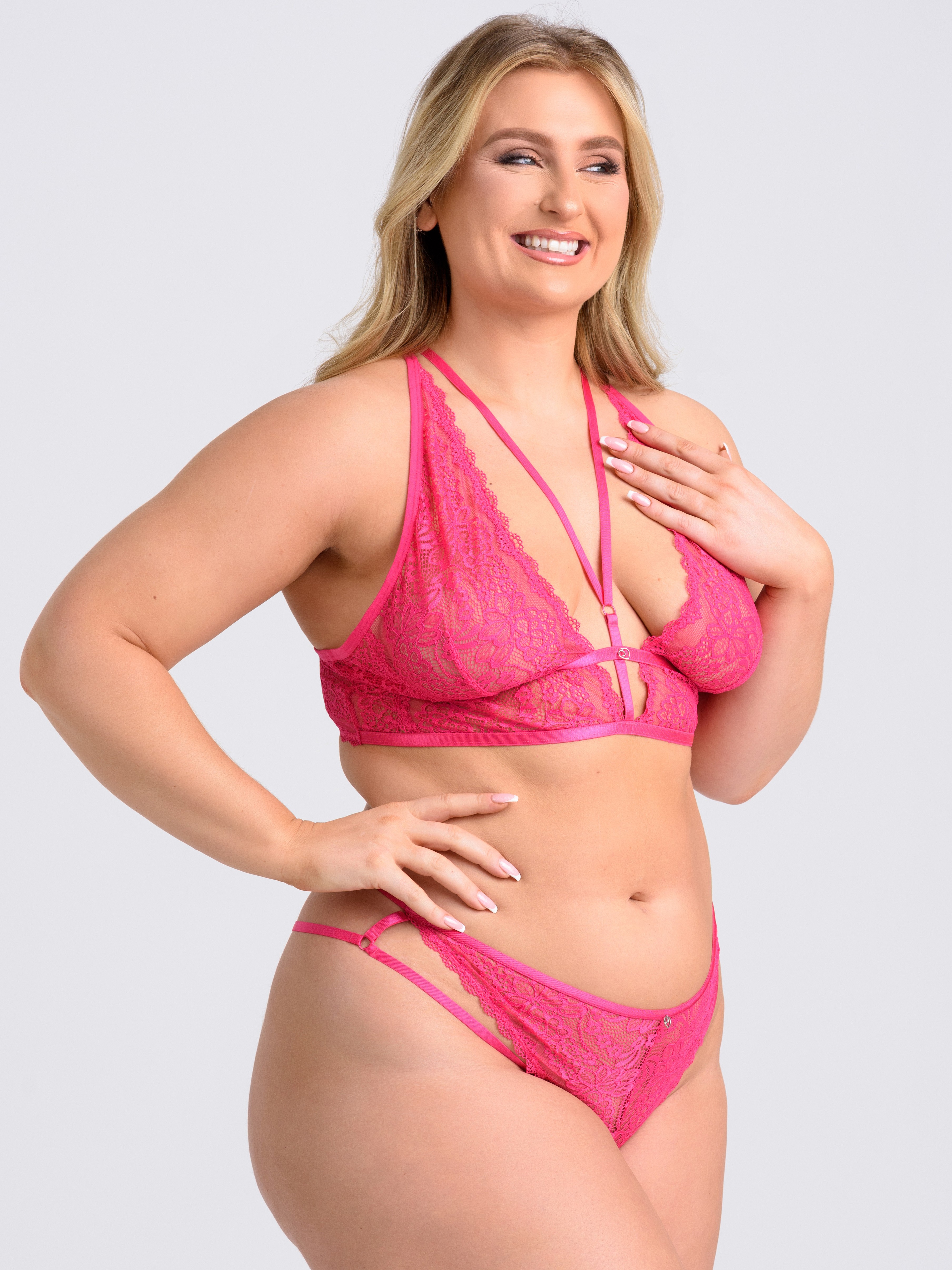 Lovehoney Late Night Liaison Wine Crotchless Bra Set, Hot Pink, hi-res