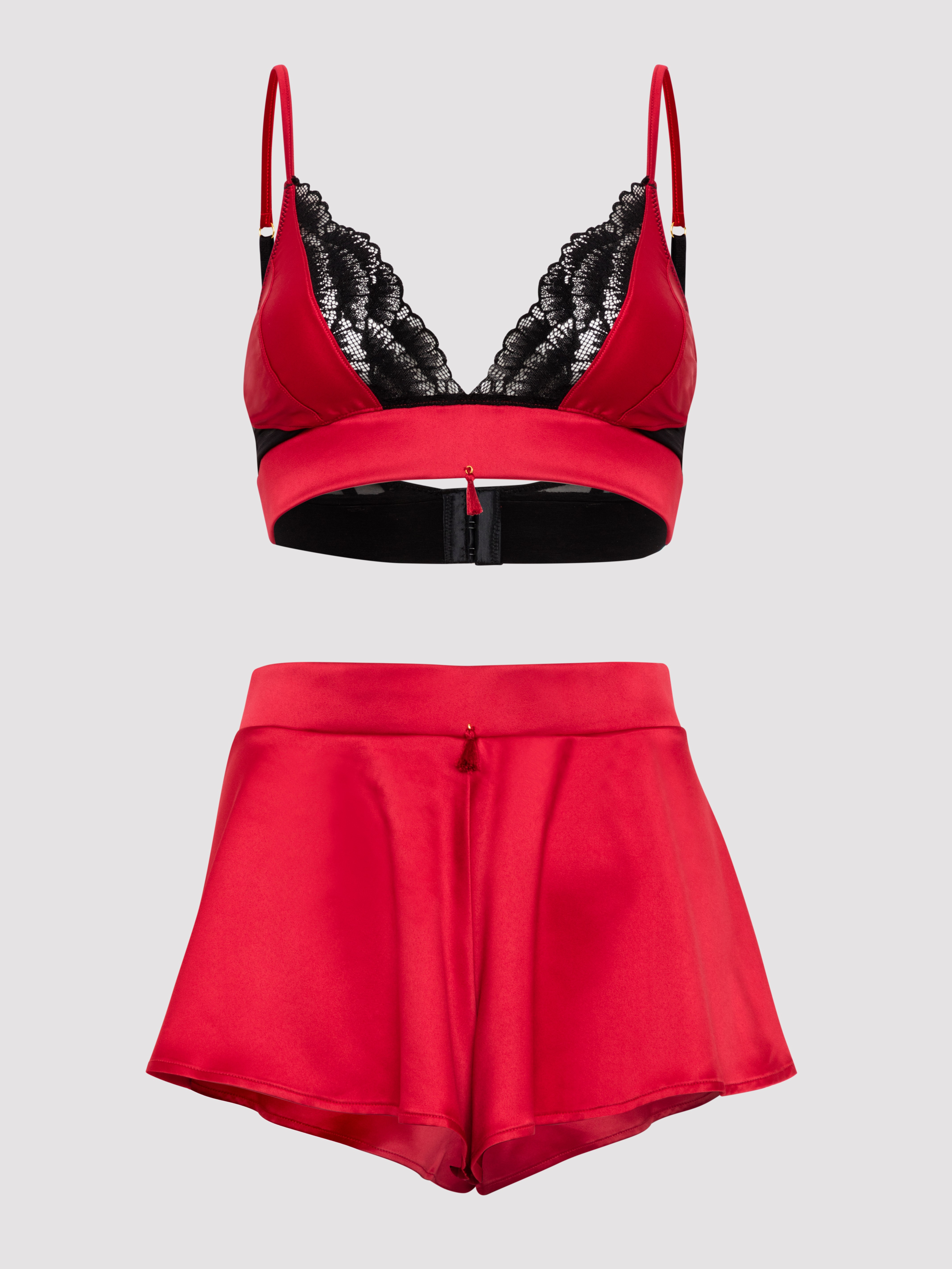 Lovehoney Plus Size Empress Red Satin Bra and French Knickers Set, Red, vanilla