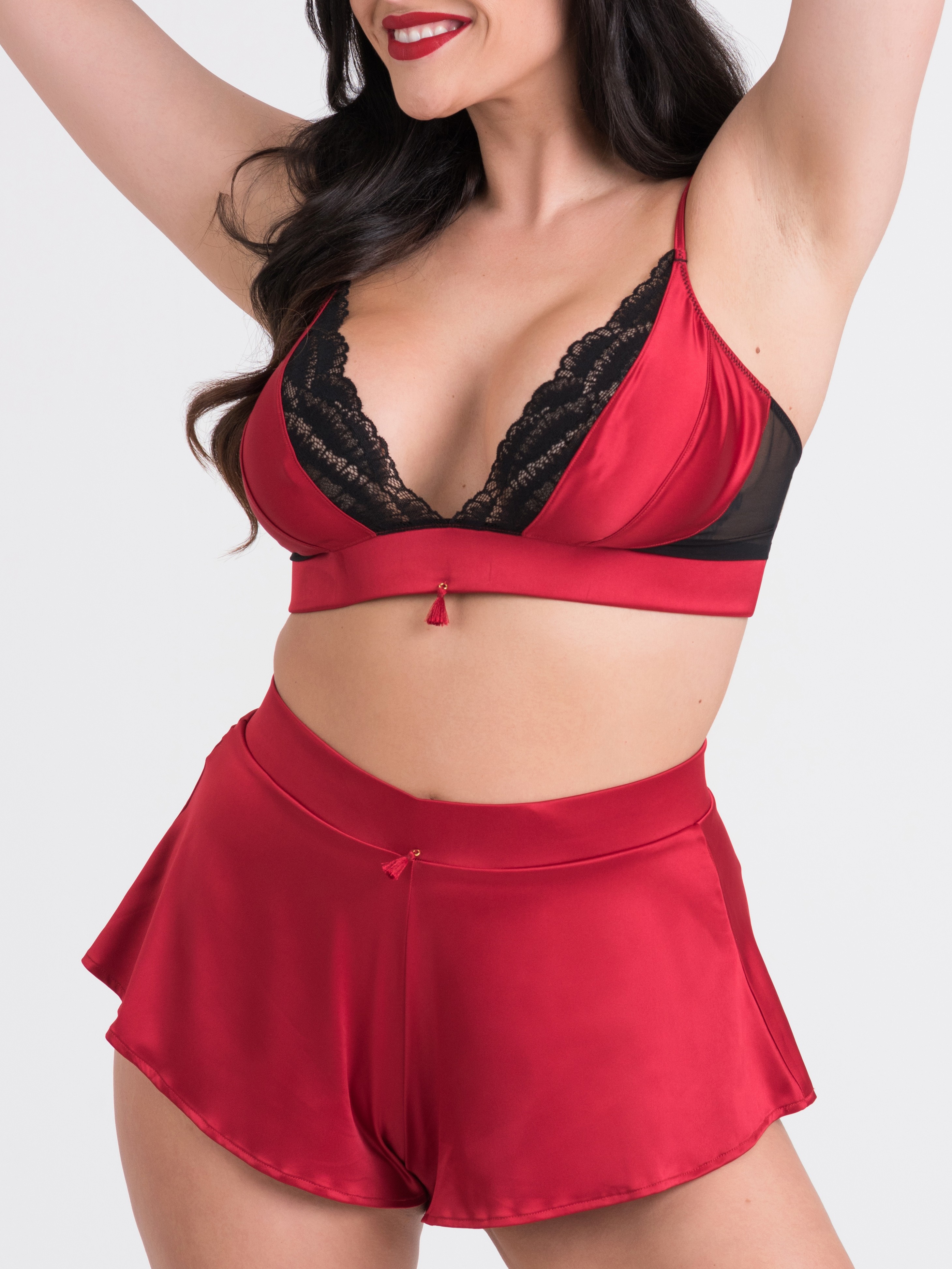 Lovehoney Empress Red Satin Bra and French Knickers Set, Red, hi-res