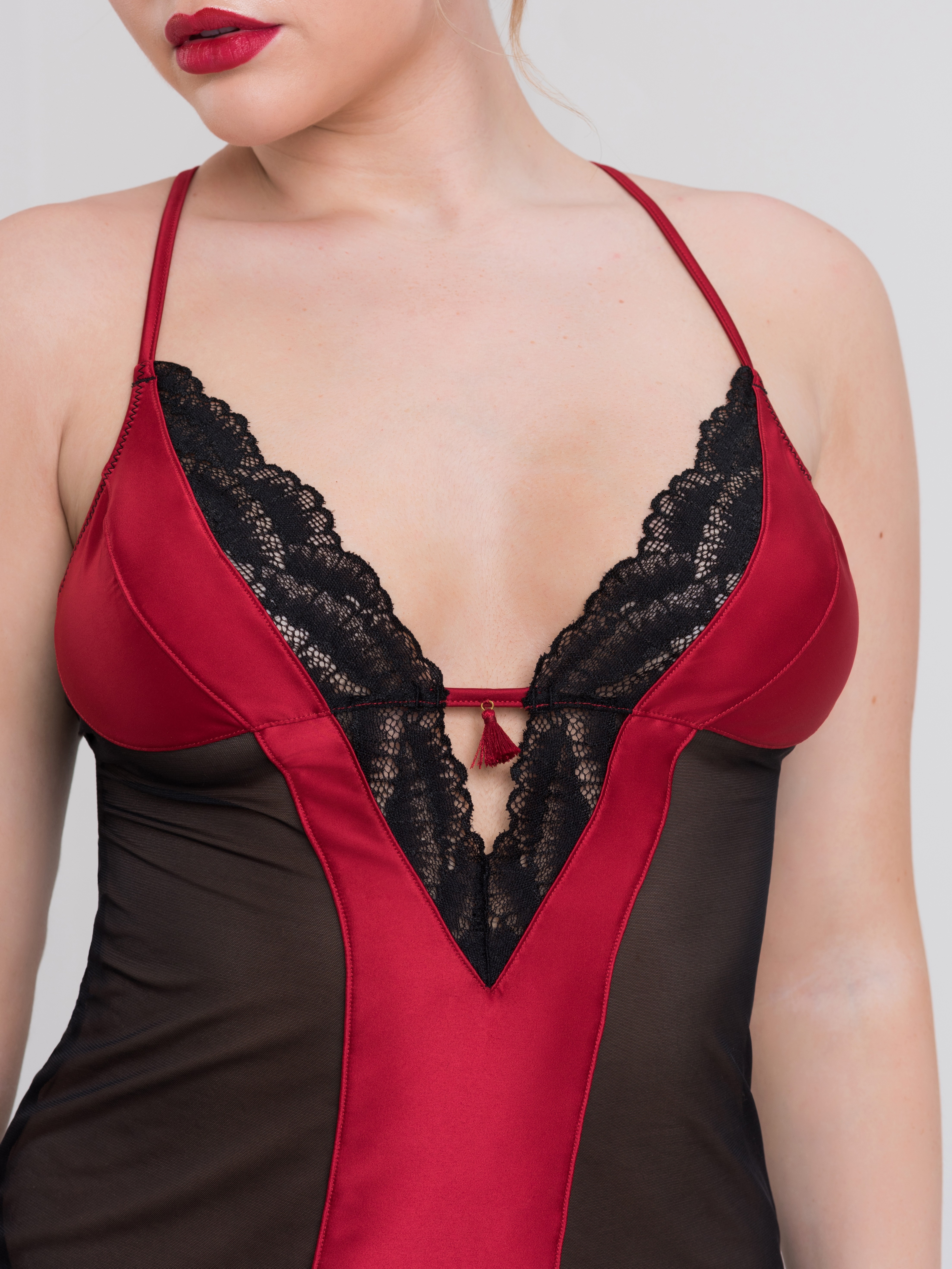 Lovehoney Empress Red Satin and Mesh Long Slip, Red, hi-res