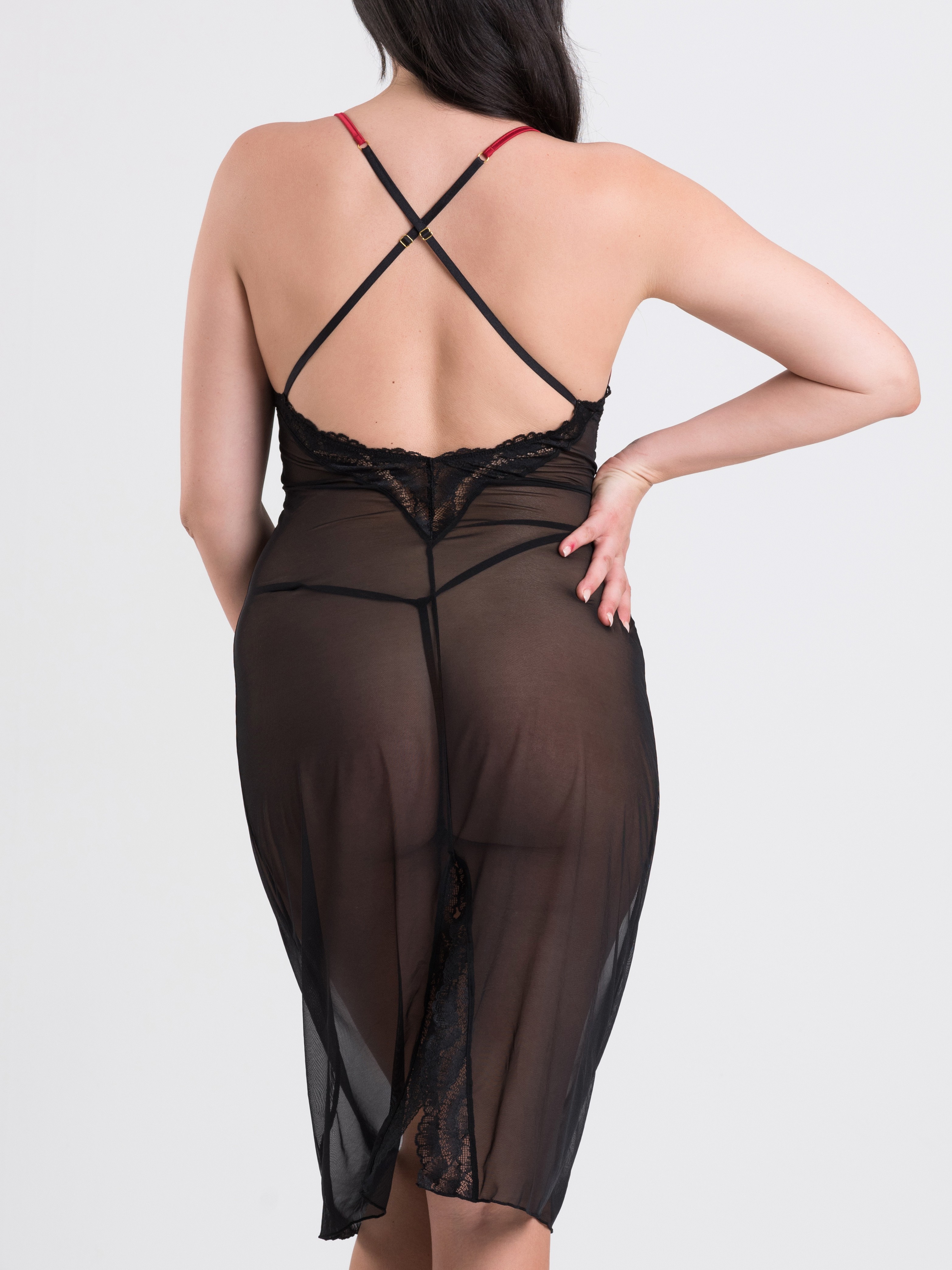 Lovehoney Empress Red Satin and Mesh Long Slip, Red, vanilla