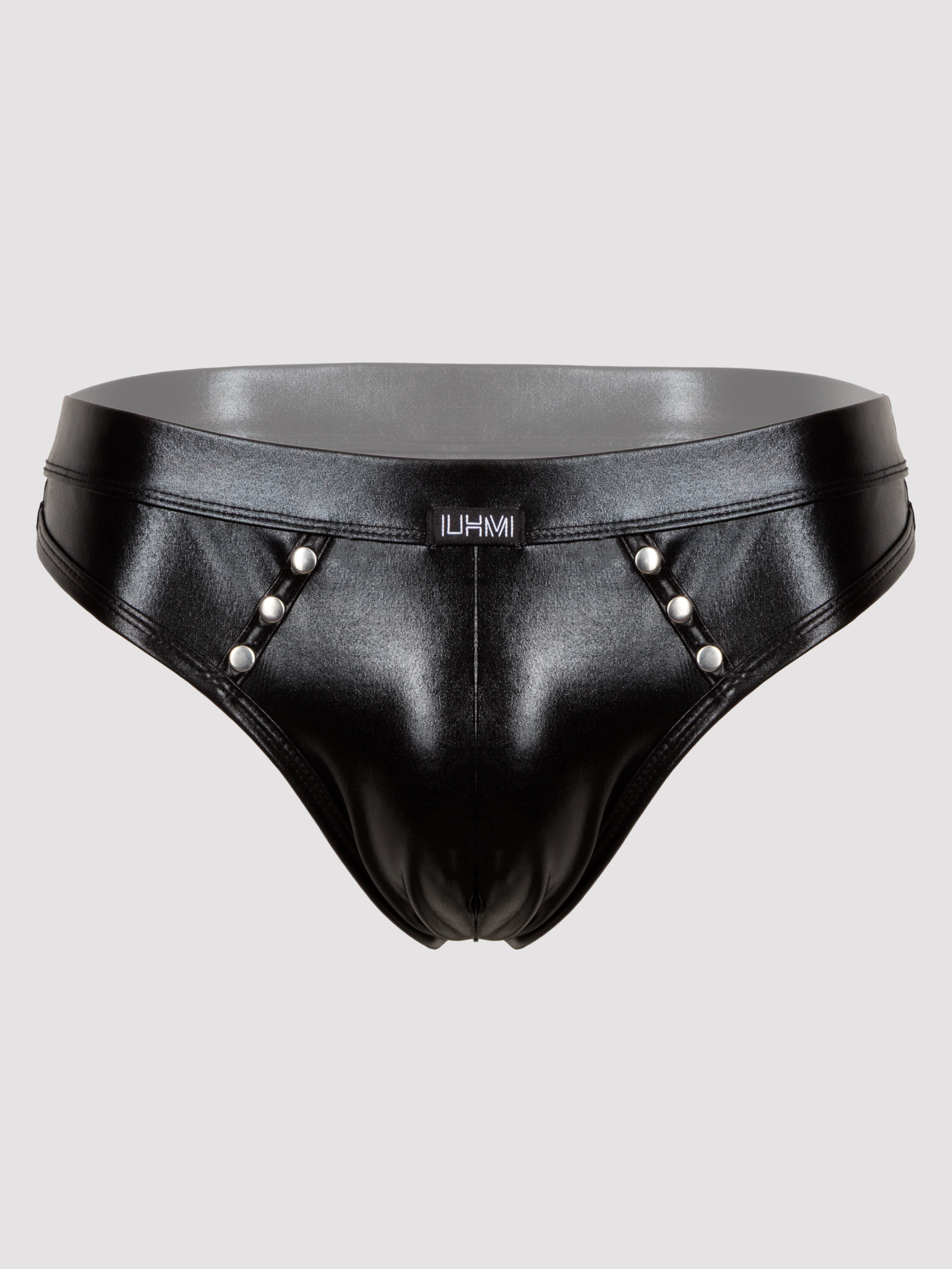 LHM Tough Love Black Wet Look Studded Thong, Black, vanilla