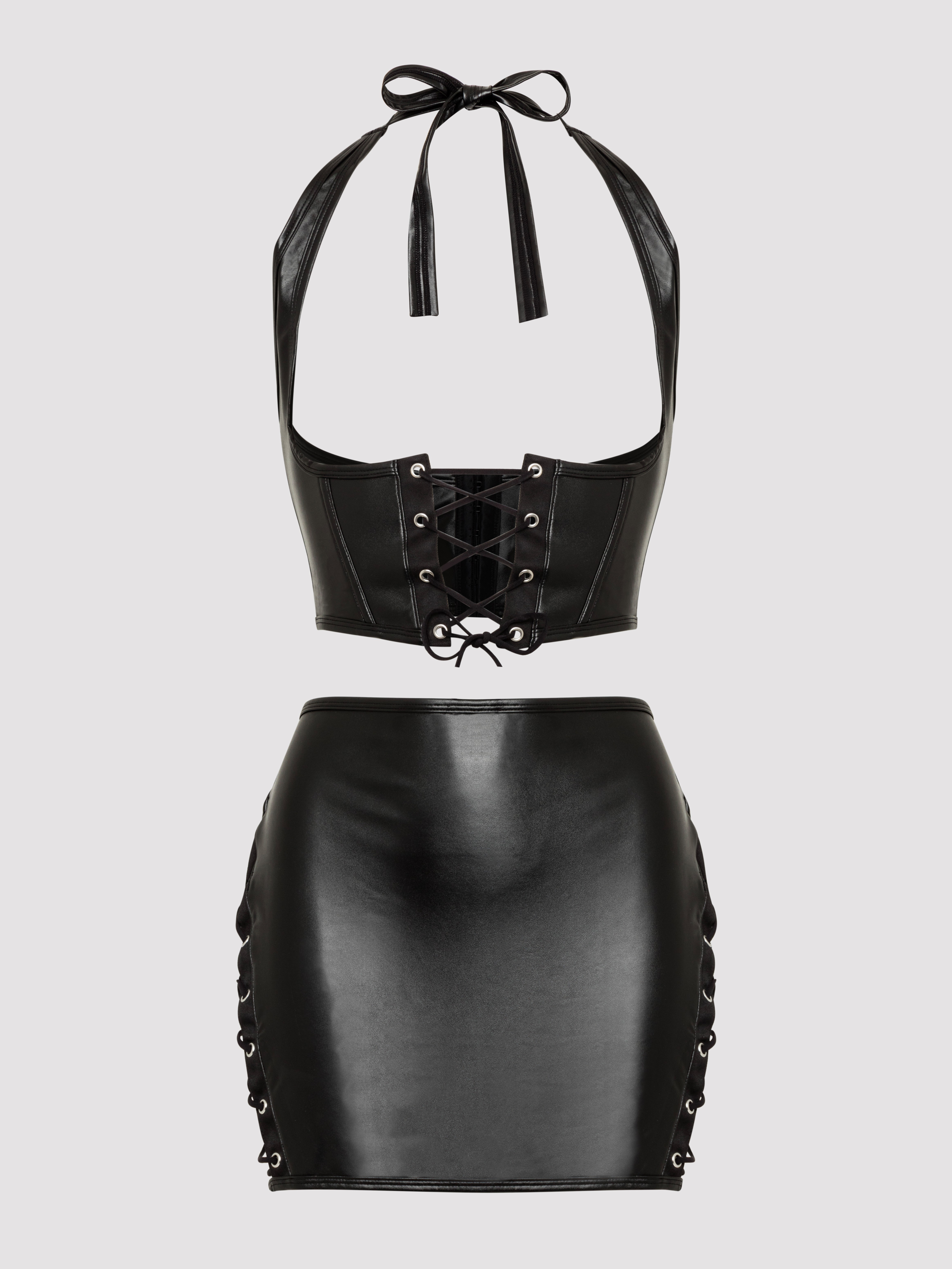 Lovehoney Fierce Leather-Look Lace-Up Black Bra & Skirt Set, Black, hi-res