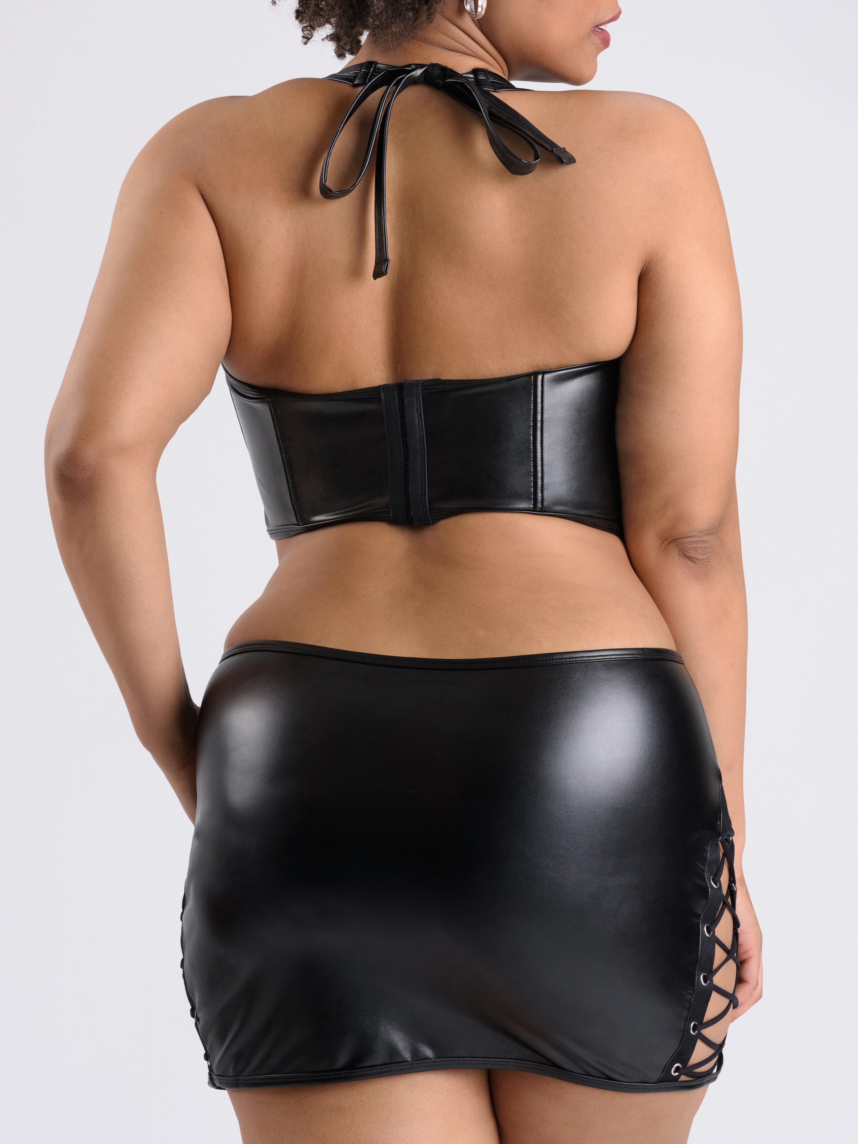 Lovehoney Fierce Leather-Look Lace-Up Black Bra & Skirt Set, Black, hi-res