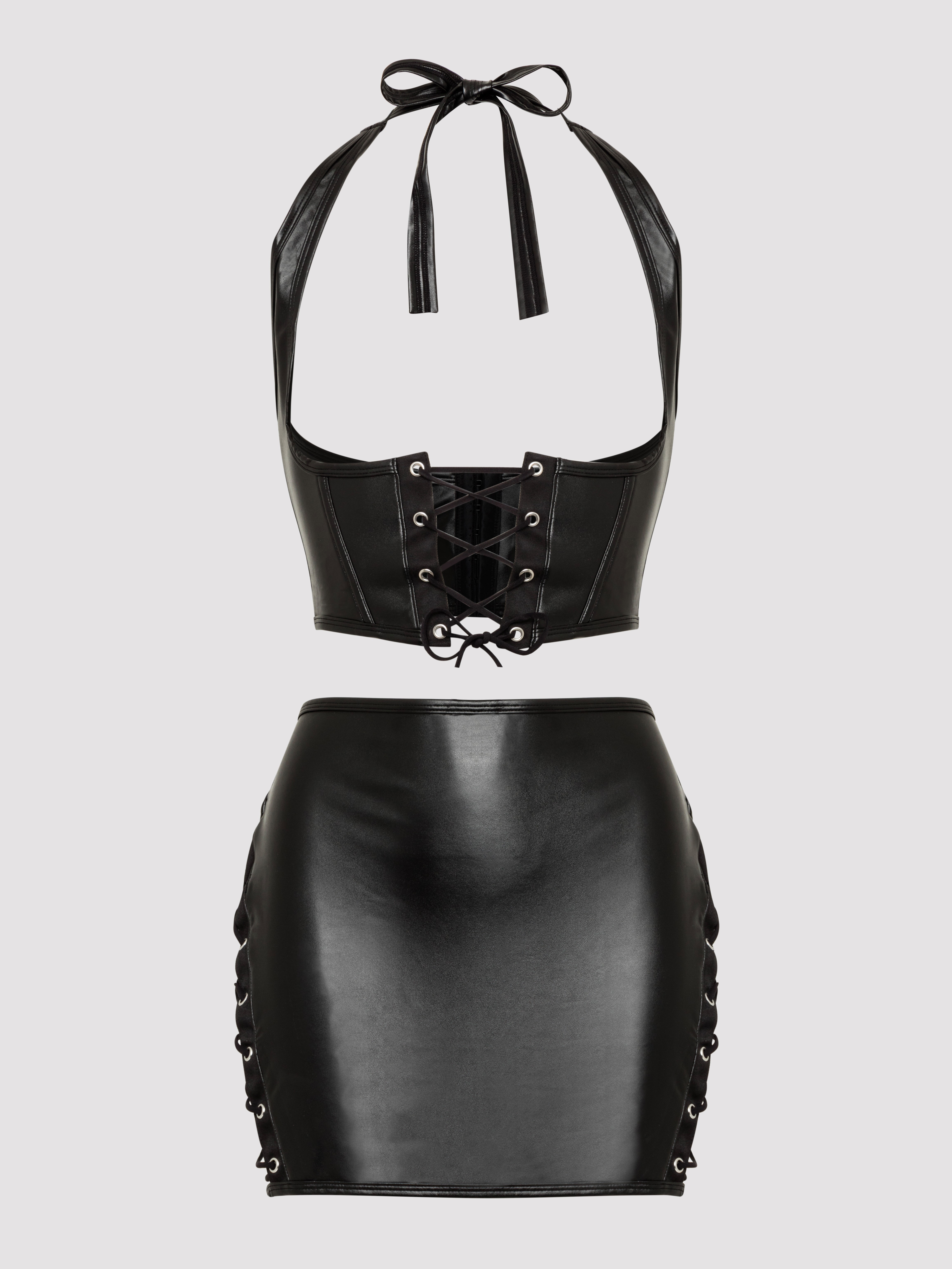 Lovehoney Fierce Leather-Look Lace-Up Black Bra & Skirt Set, Black, hi-res