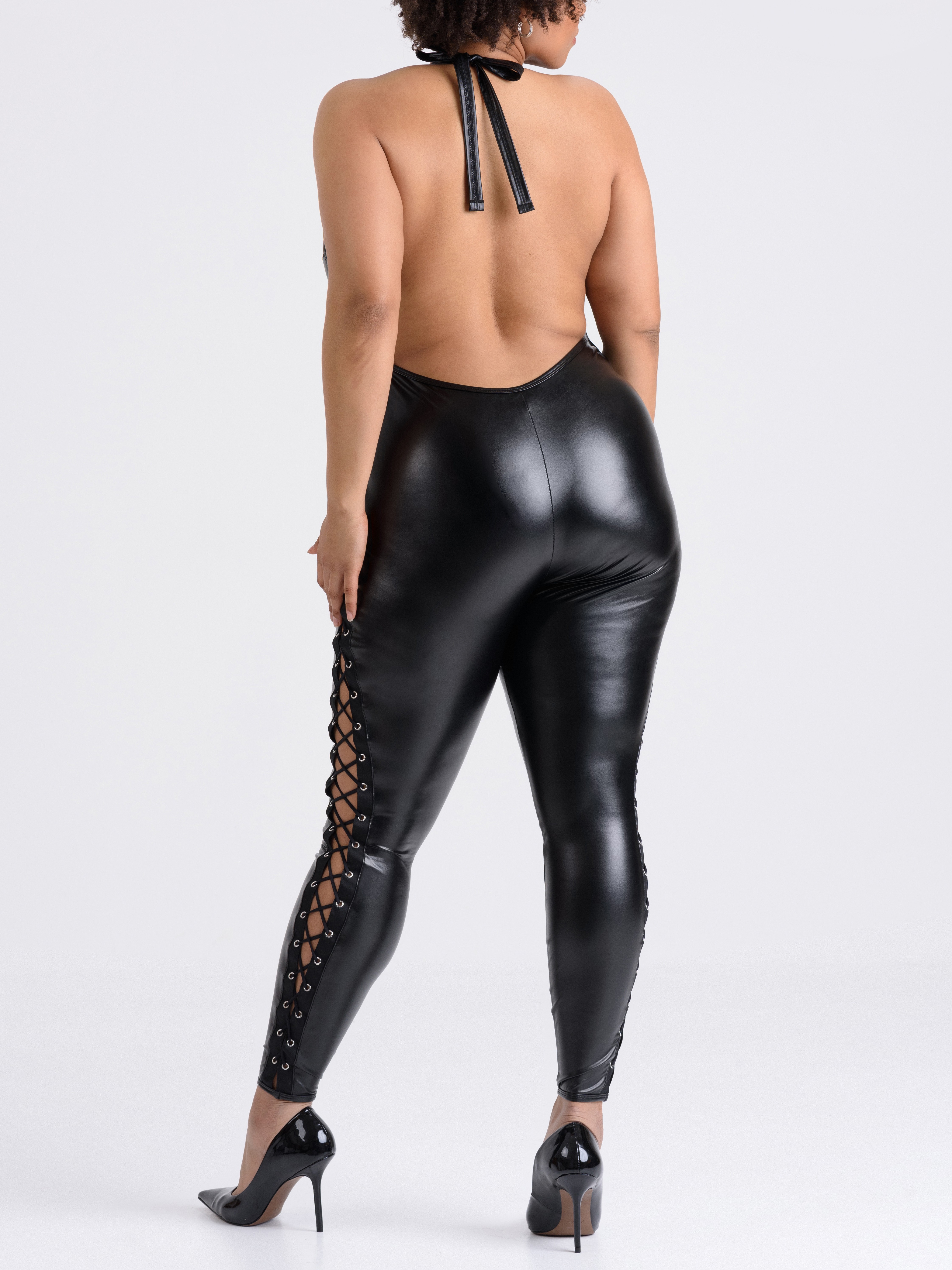 Lovehoney Fierce Leather-Look Lace-Up Catsuit, Black, hi-res