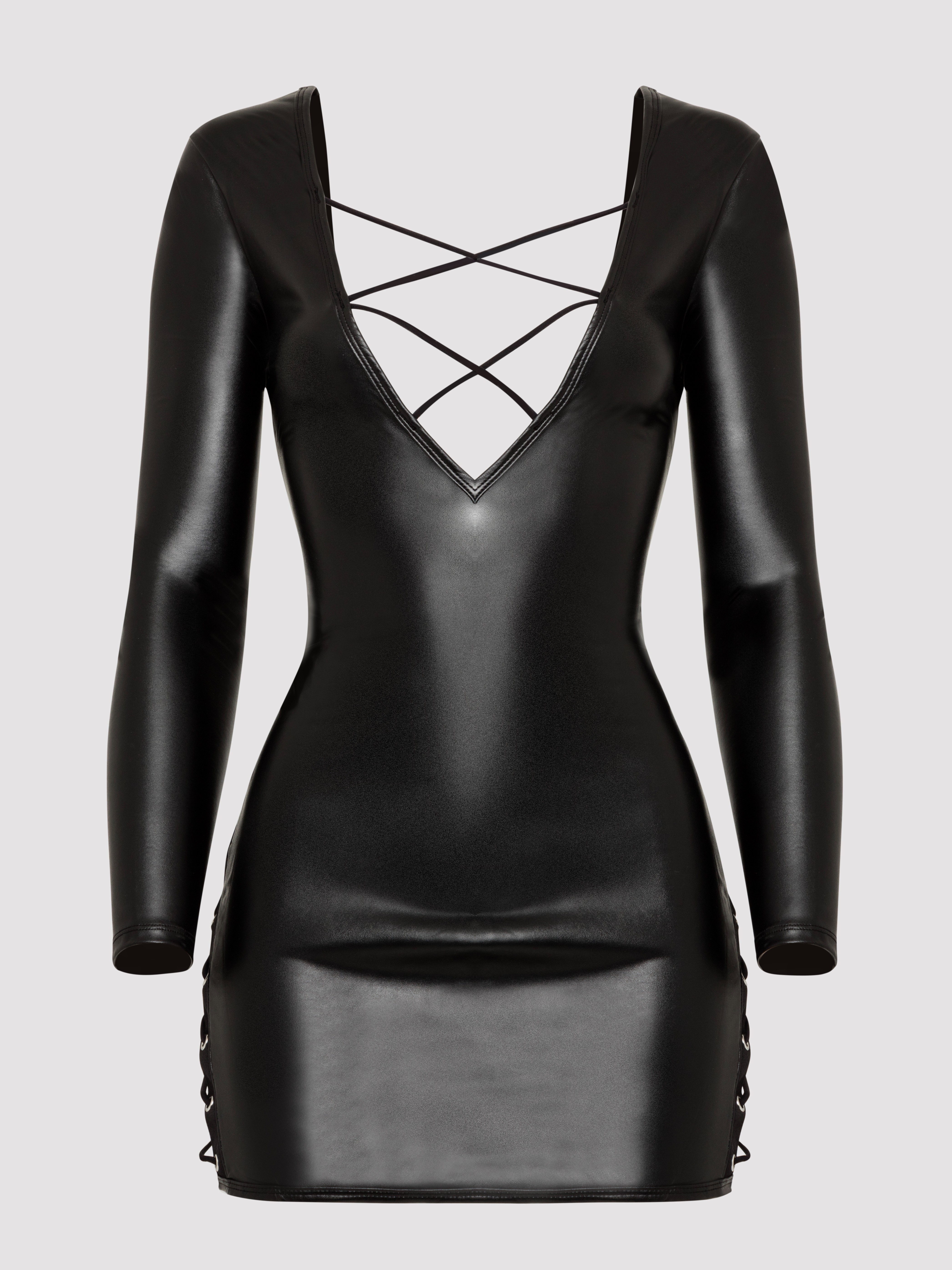 Lovehoney Fierce Leather-Look Lace-Up Black Long Sleeve Dress, Black, hi-res