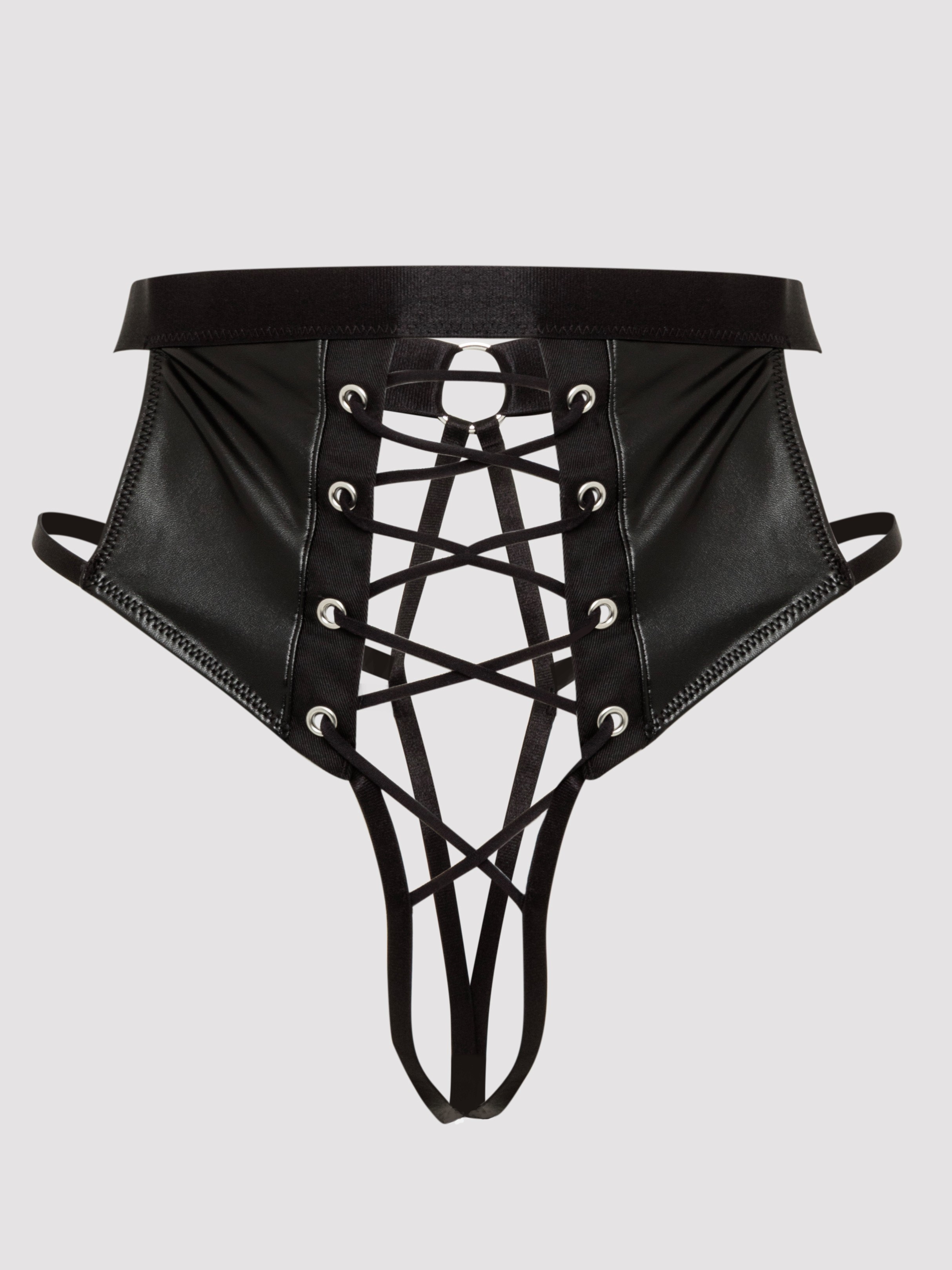 Lovehoney Fierce Leather-Look Lace-Up Black Crotchless Thong, Black, hi-res