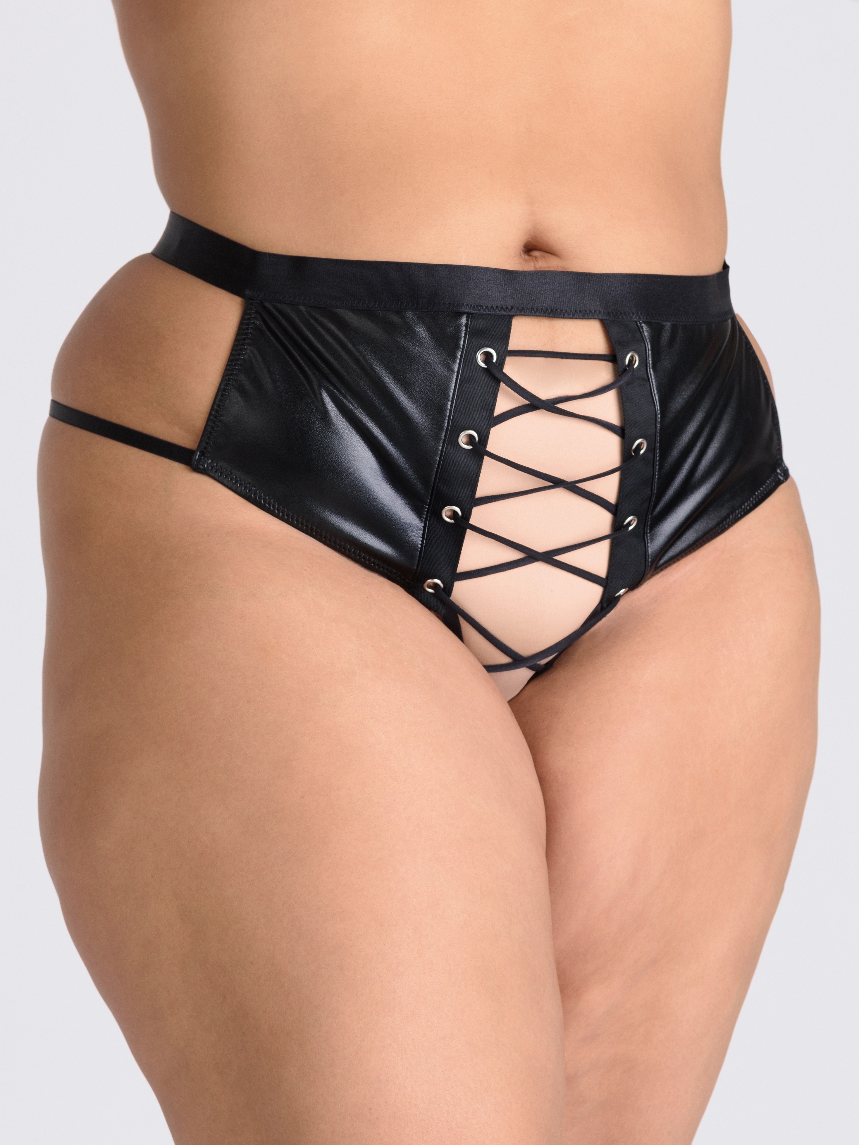 Lovehoney Plus Size Fierce Leather Look Lace-Up Black Crotchless Thong, Black, hi-res