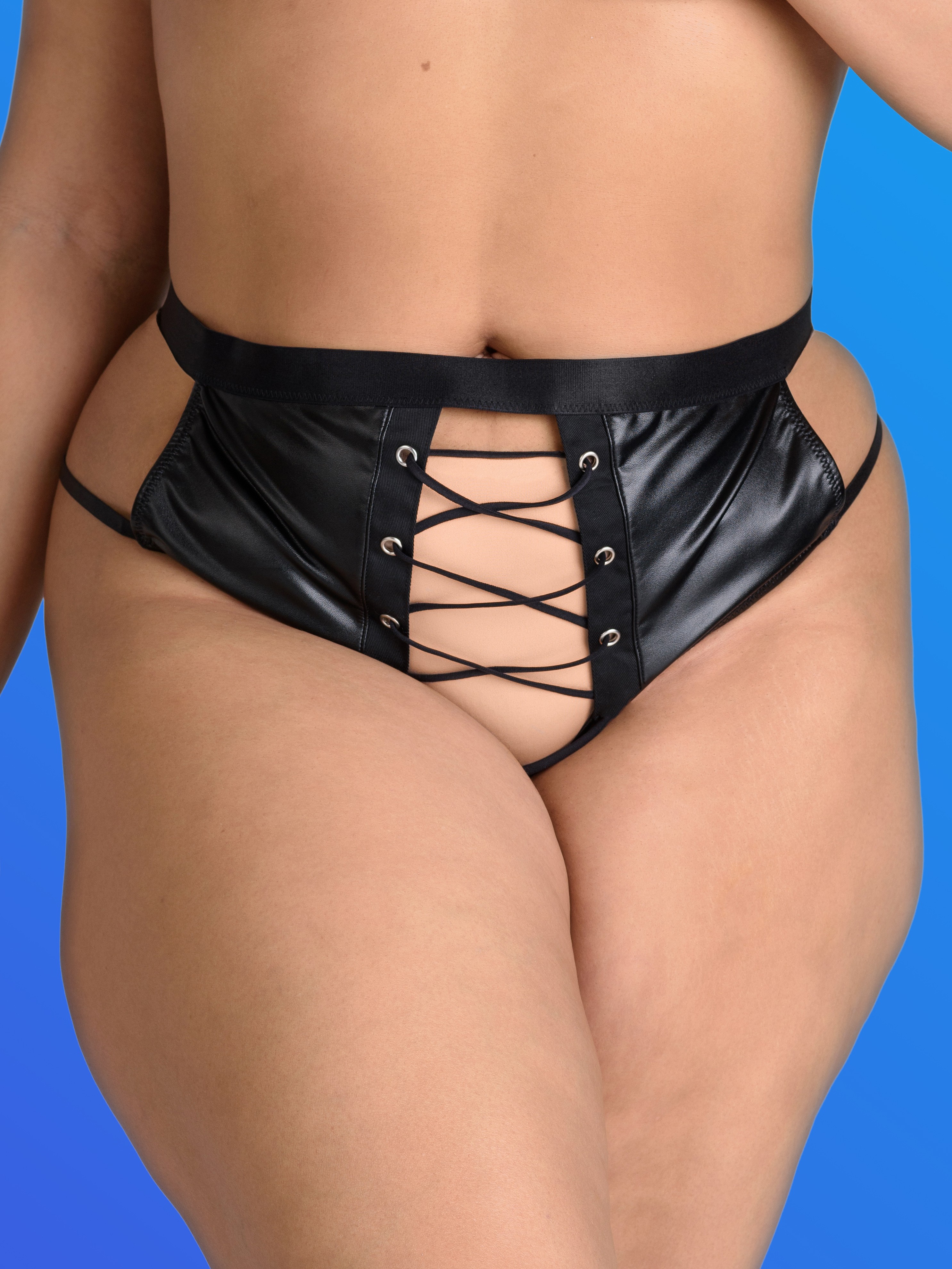 Lovehoney Fierce Leather-Look Lace-Up Black Crotchless Thong, Black, hi-res