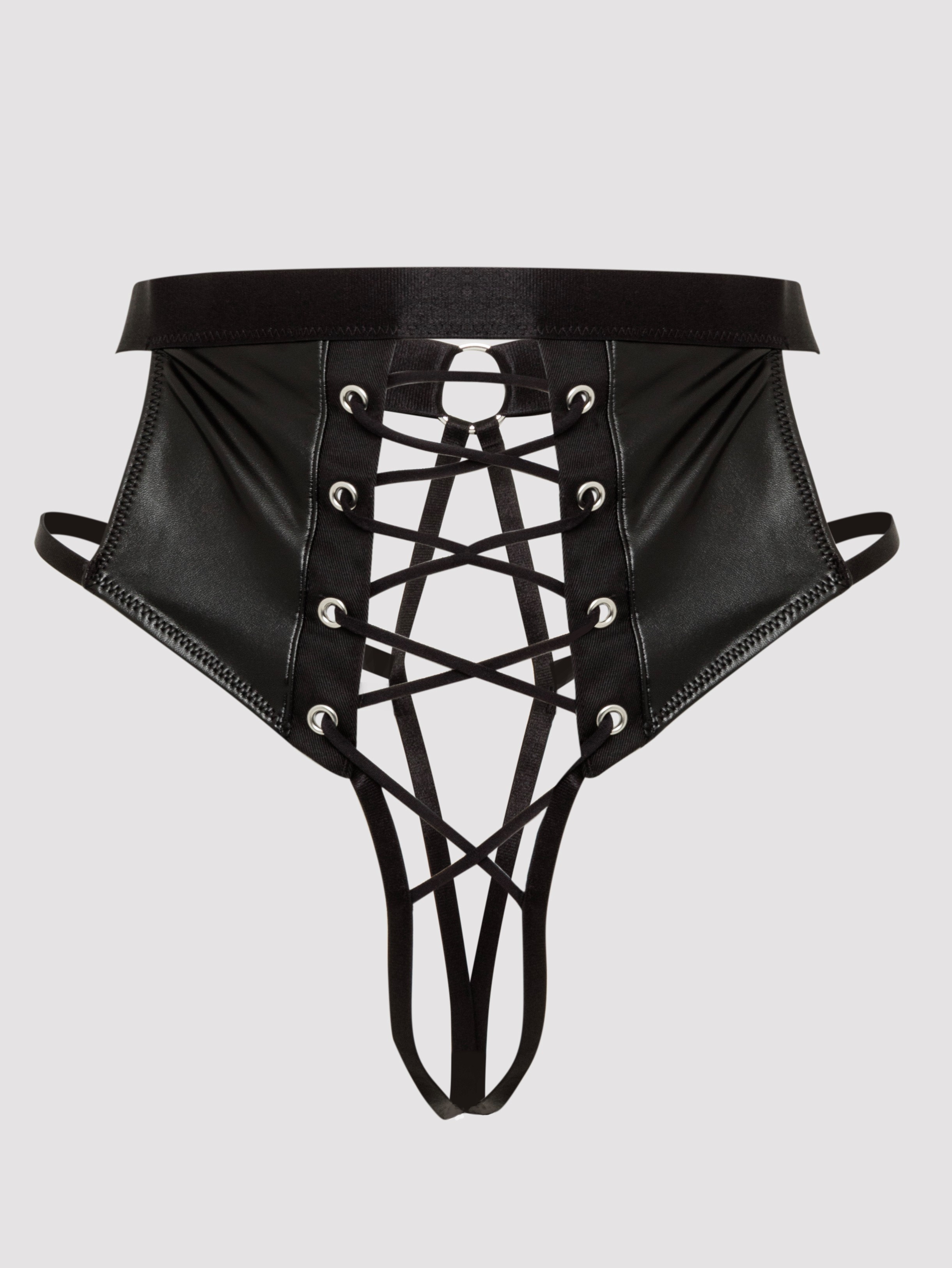 Lovehoney Fierce Leather-Look Lace-Up Black Crotchless Thong, Black, hi-res