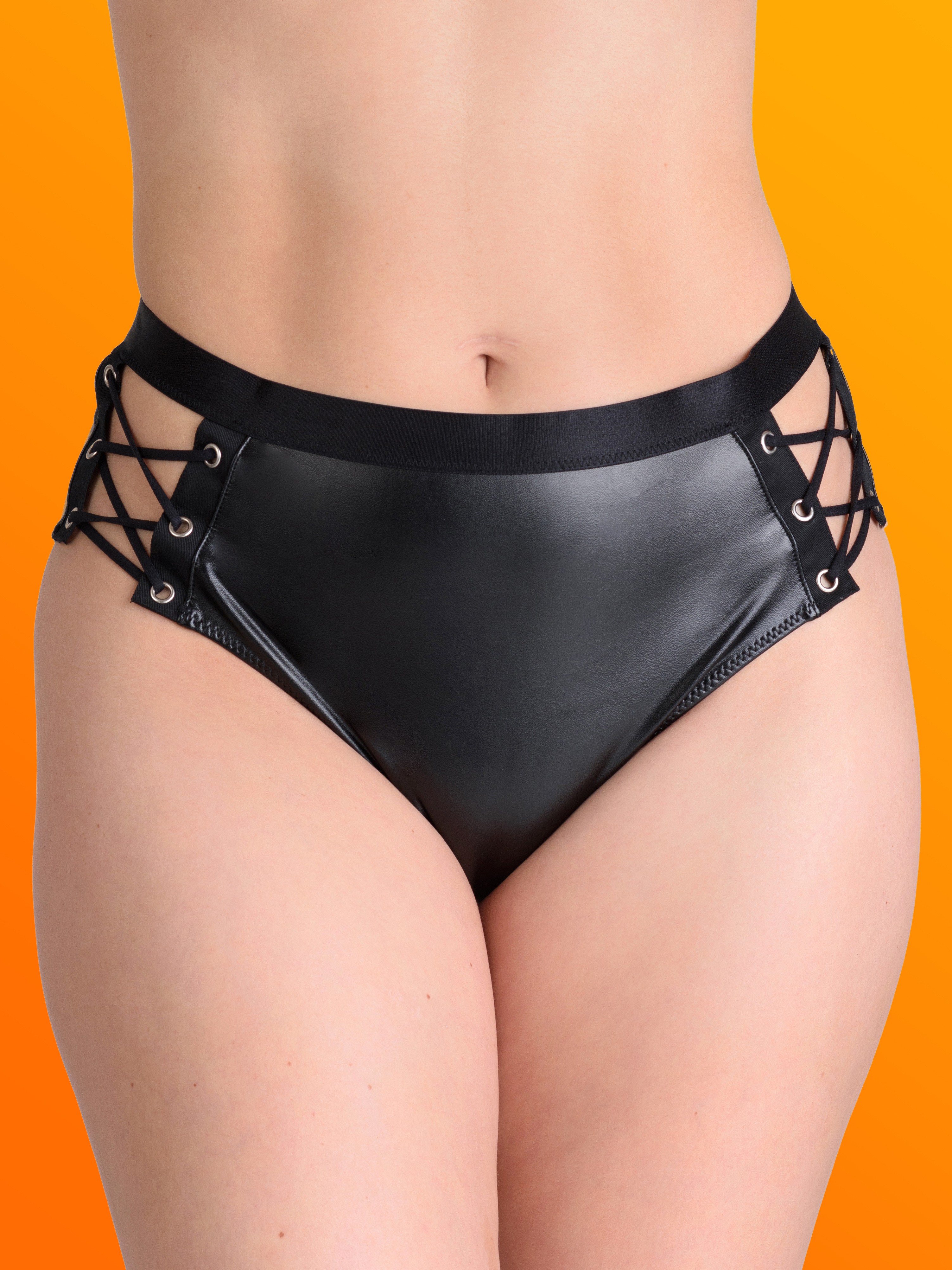 Lovehoney Fierce Leather-Look Lace-Up Open Back Crotchless Knickers, Black, vanilla