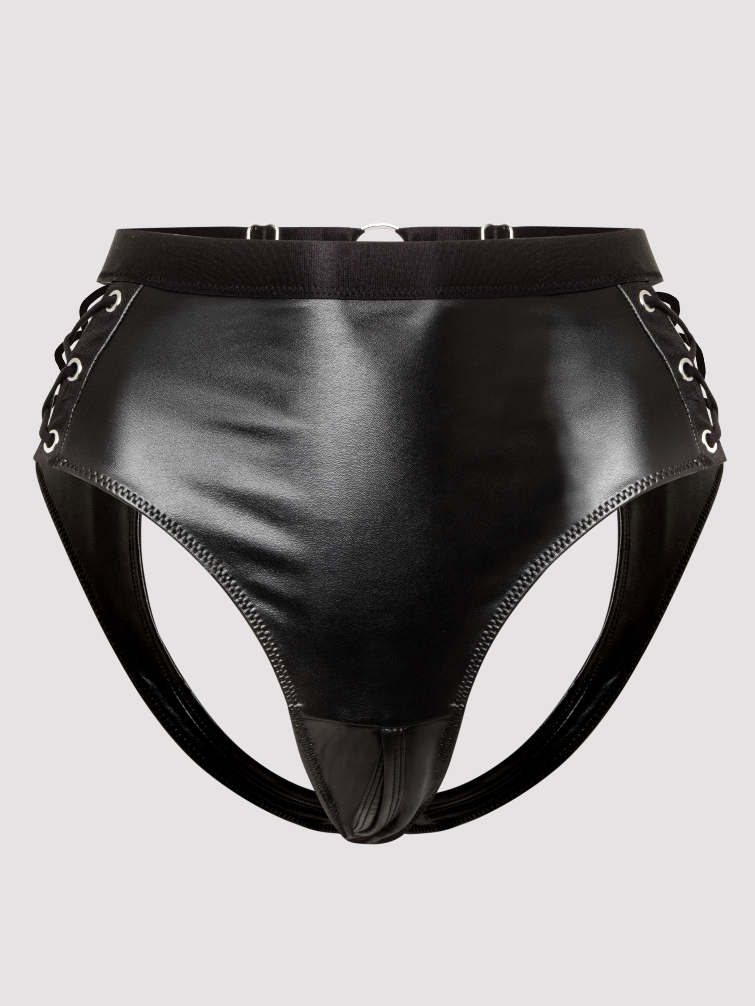 Lovehoney Fierce Leather-Look Lace-Up Open-Back Knickers, Black, hi-res