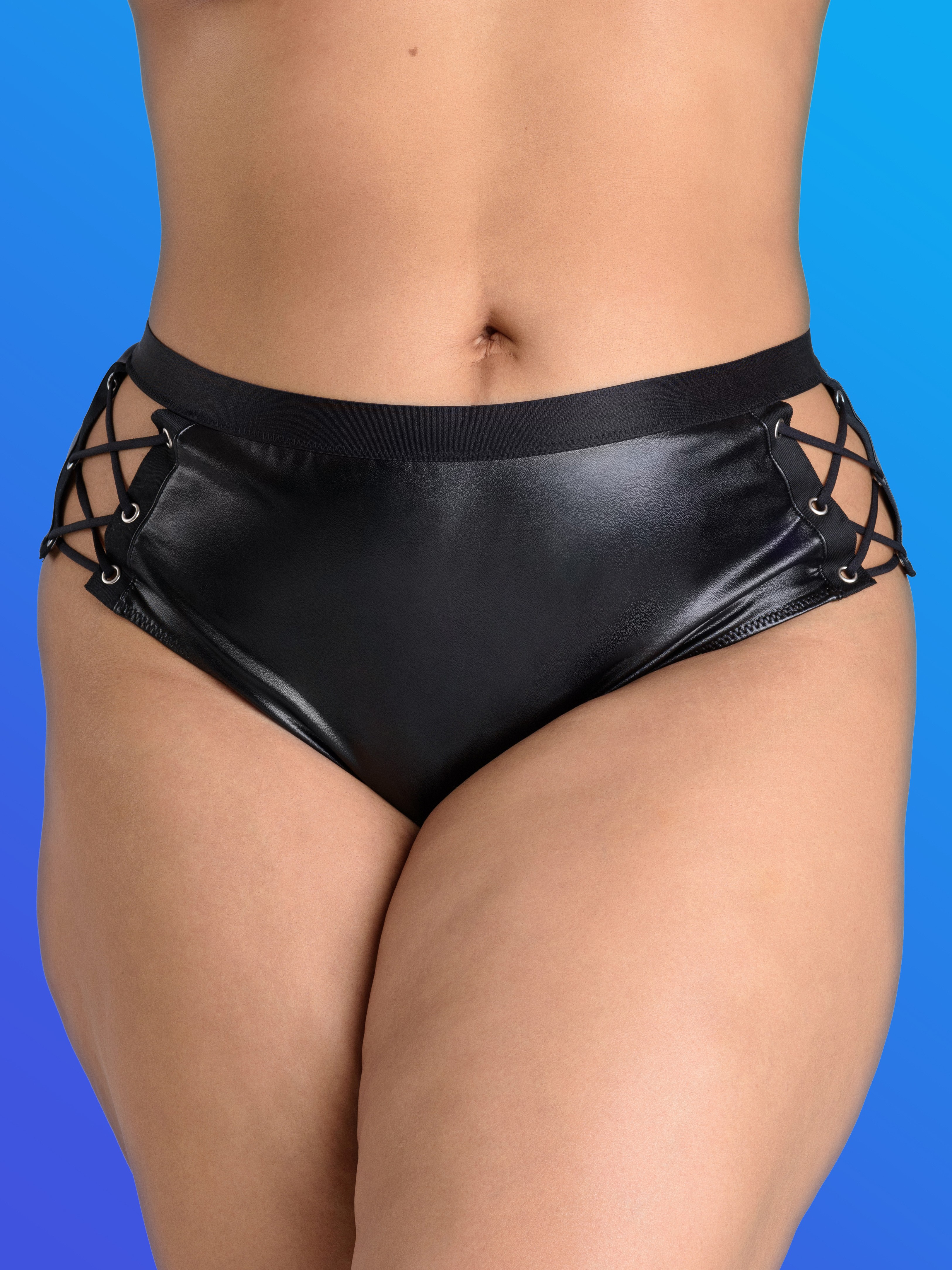 Lovehoney Fierce Leather-Look Lace-Up Open Back Crotchless Knickers, Black, hi-res