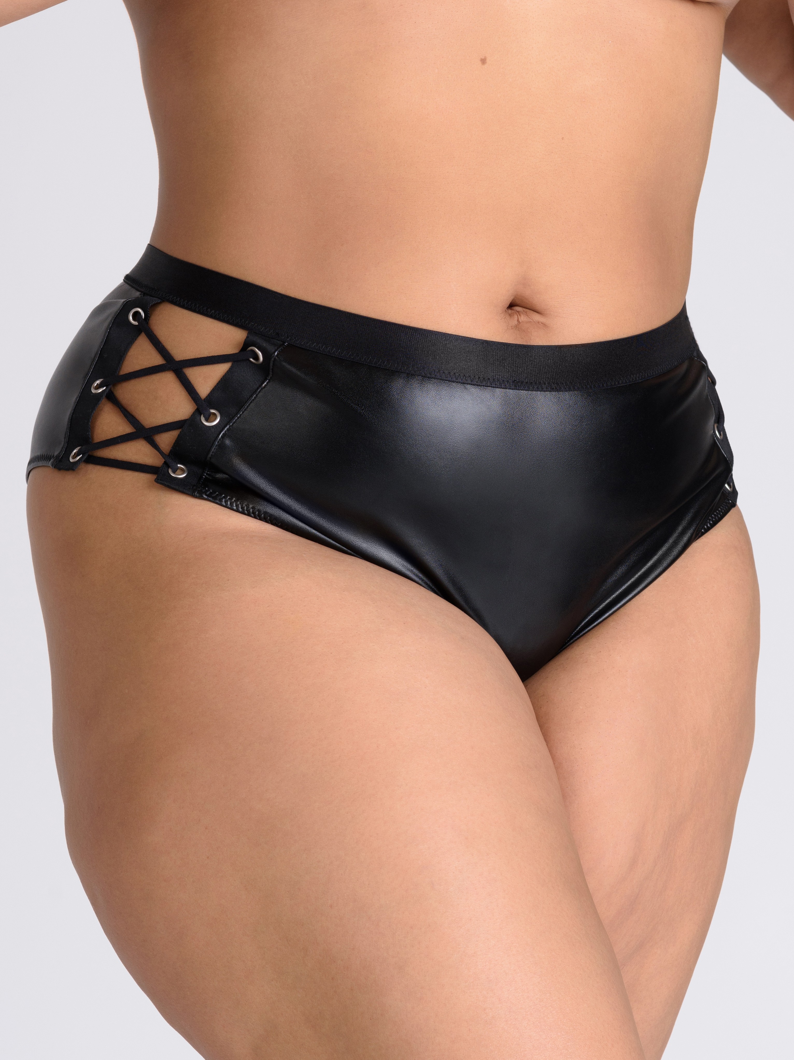 Lovehoney Fierce Leather-Look Lace-Up Open Back Crotchless Knickers, Black, vanilla
