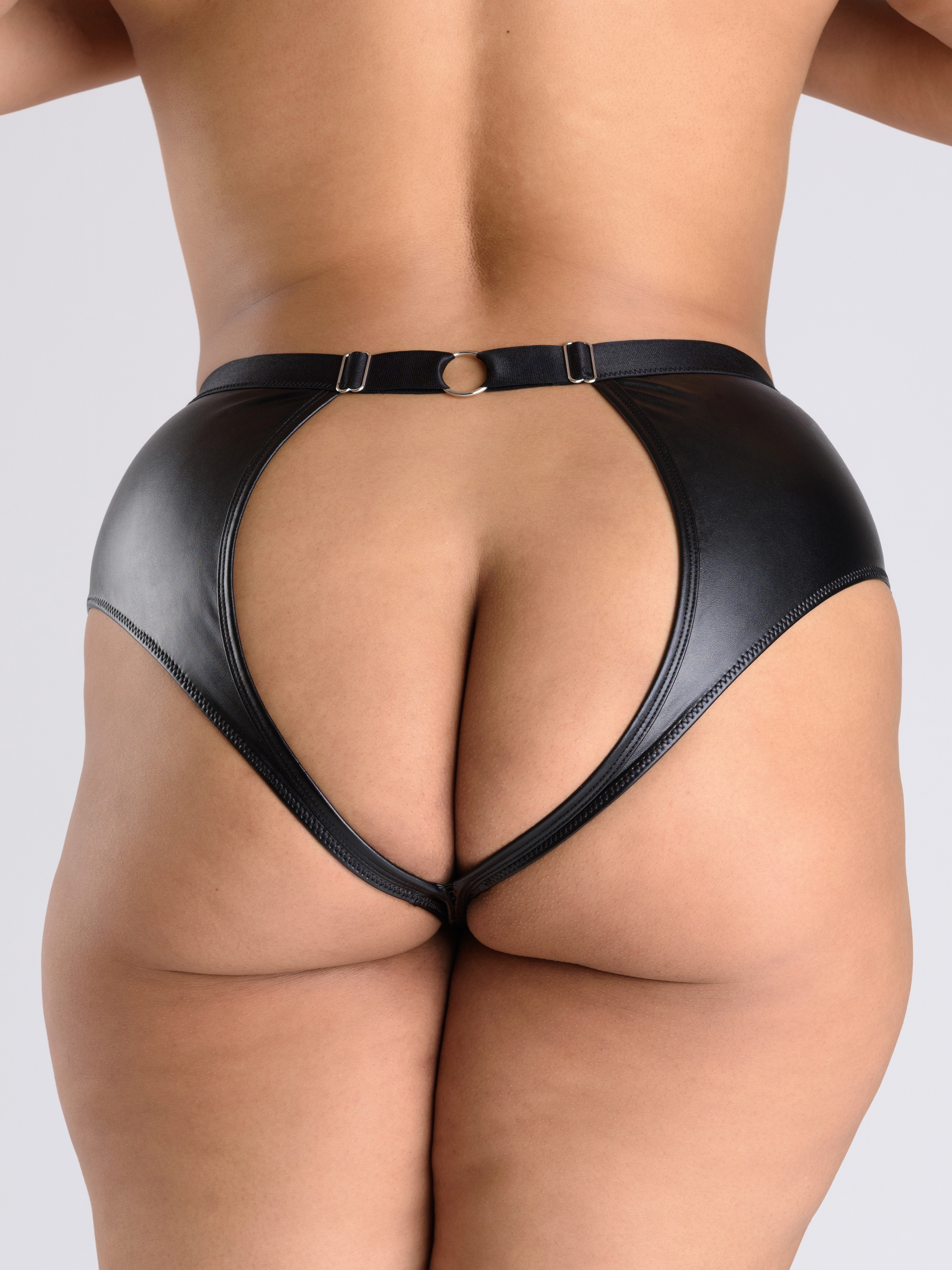 Lovehoney Fierce Leather-Look Lace-Up Open Back Crotchless Knickers, Black, hi-res