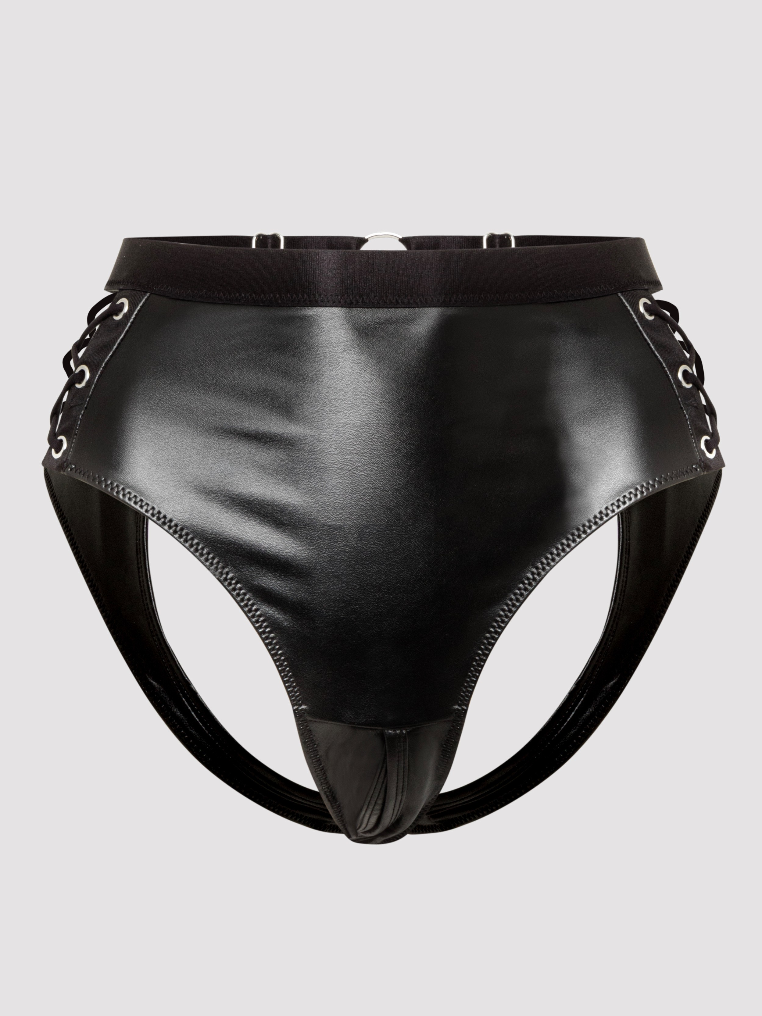 Lovehoney Fierce Leather-Look Lace-Up Open Back Crotchless Knickers, Black, hi-res