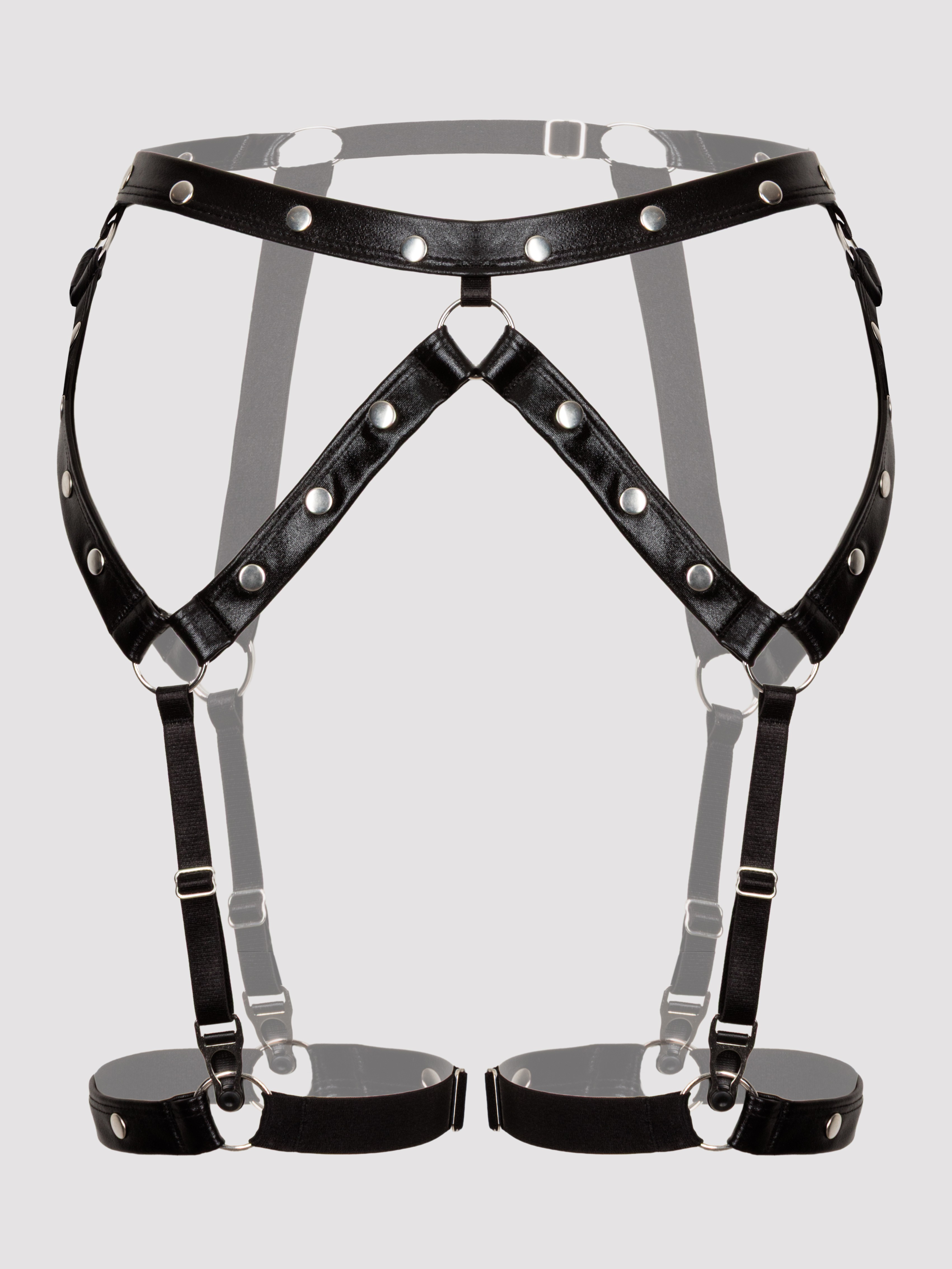 Lovehoney Fierce Wet Look Studded Suspender Garter Set, Black, hi-res