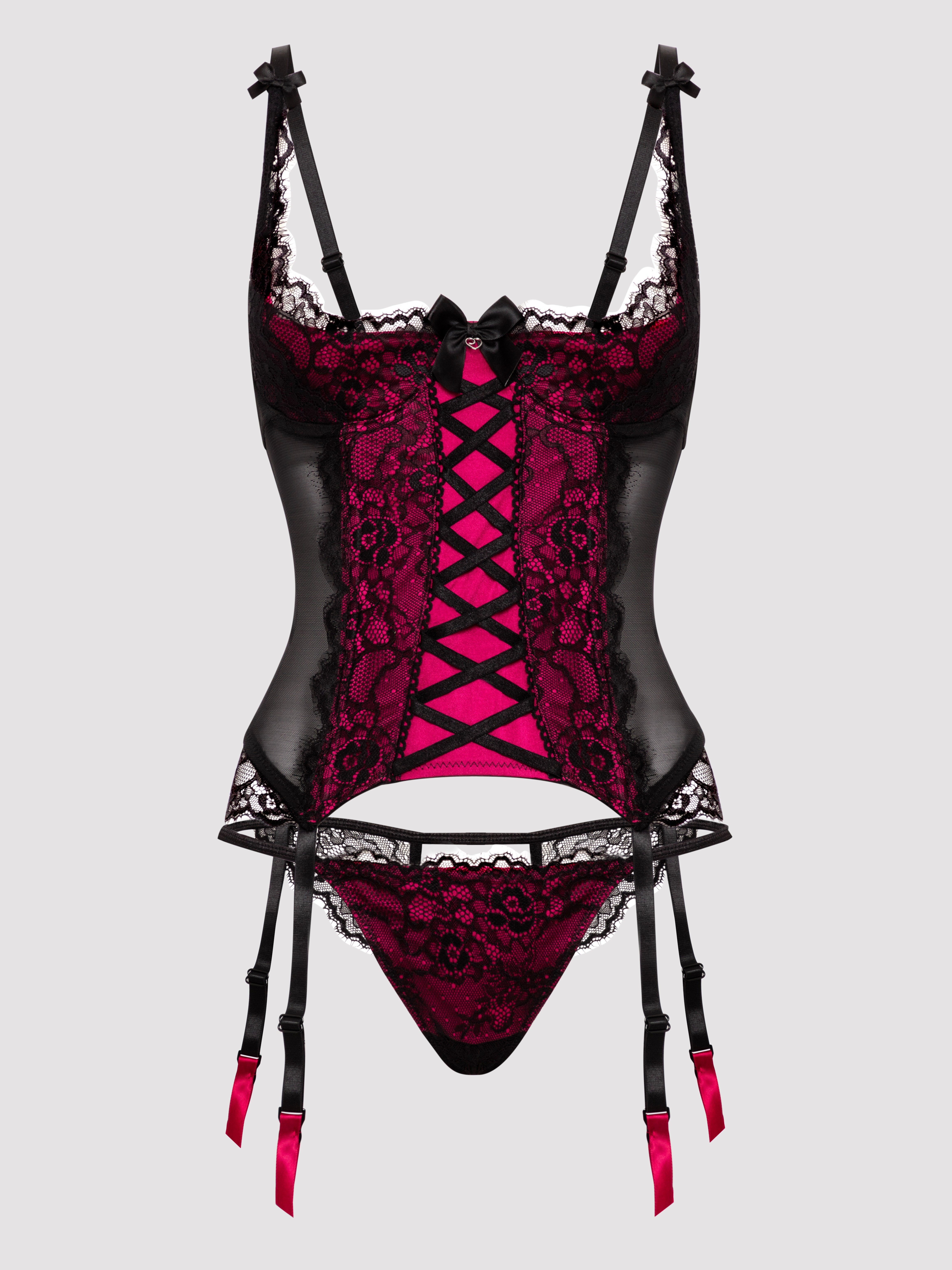 Lovehoney Boudoir Belle Cherry Quarter Cup Bustier Set, Black, hi-res