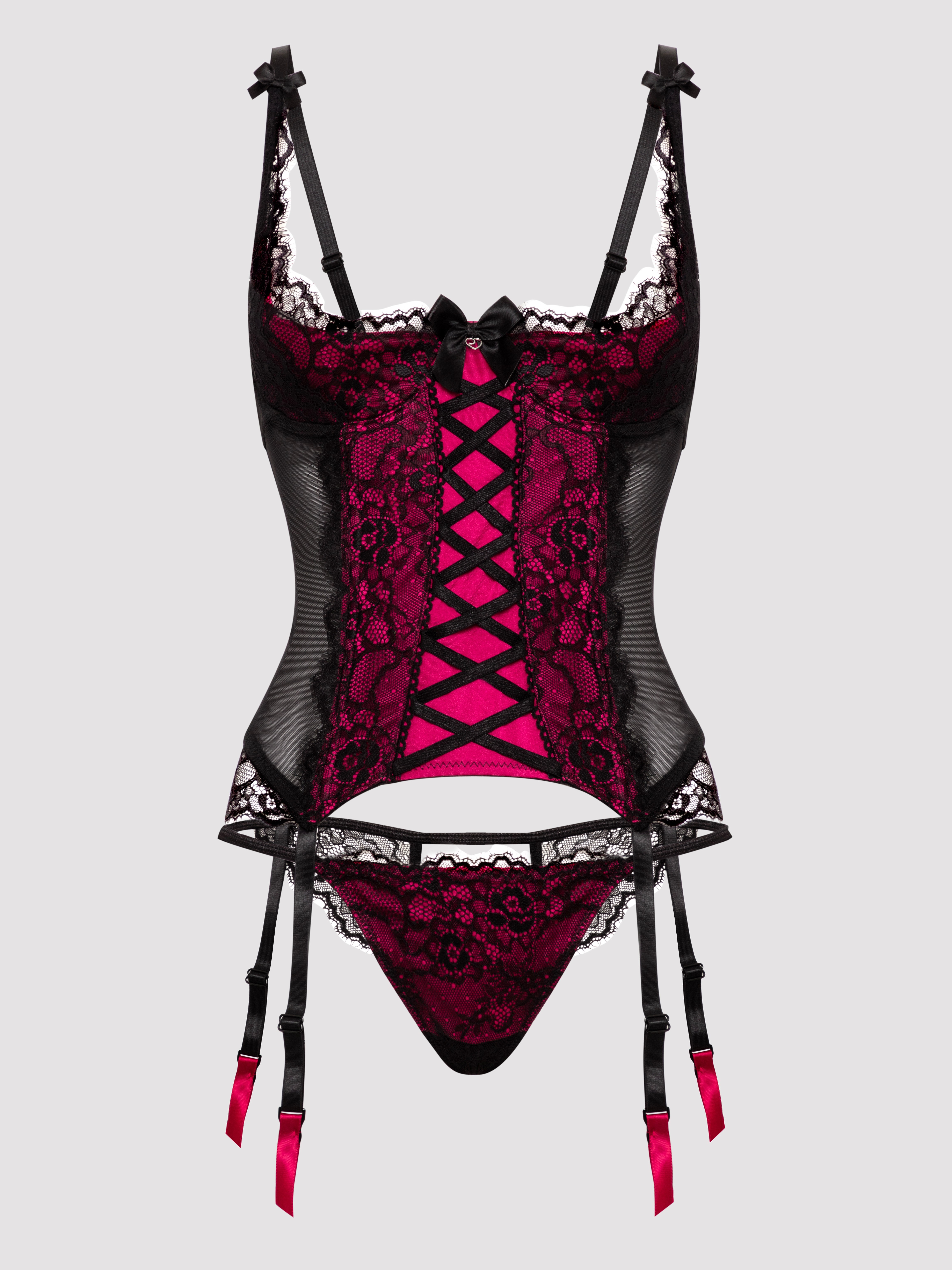 Lovehoney Boudoir Belle Cherry Quarter Cup Bustier Set, Black, hi-res