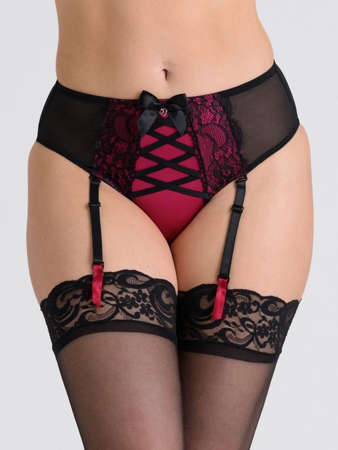 Lovehoney Boudoir Belle Cherry High-Waisted Brazilian Suspender Knickers, Black, hi-res