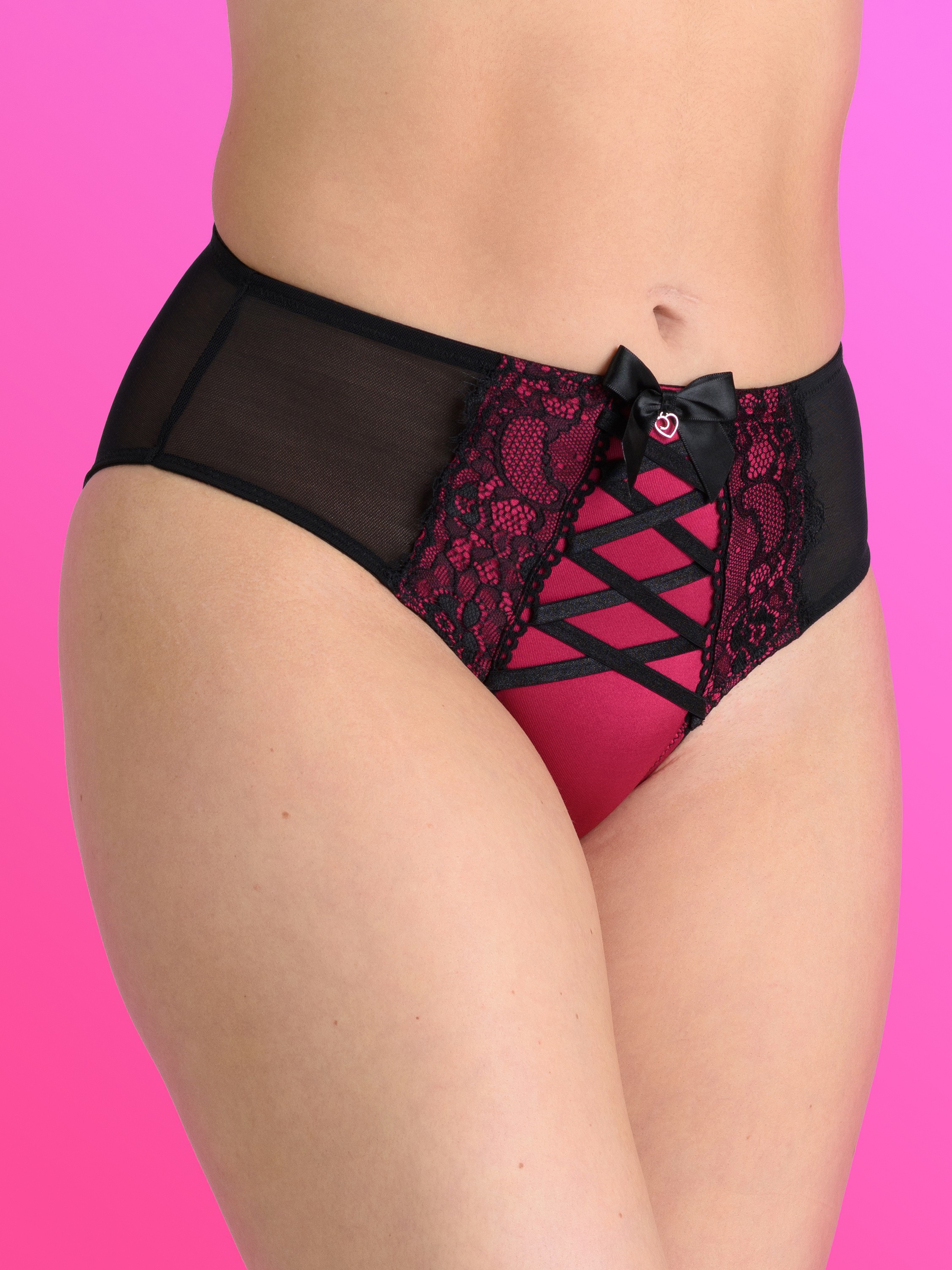 Lovehoney Boudoir Belle Cherry High-Waisted Brazilian Suspender Knickers, Black, vanilla