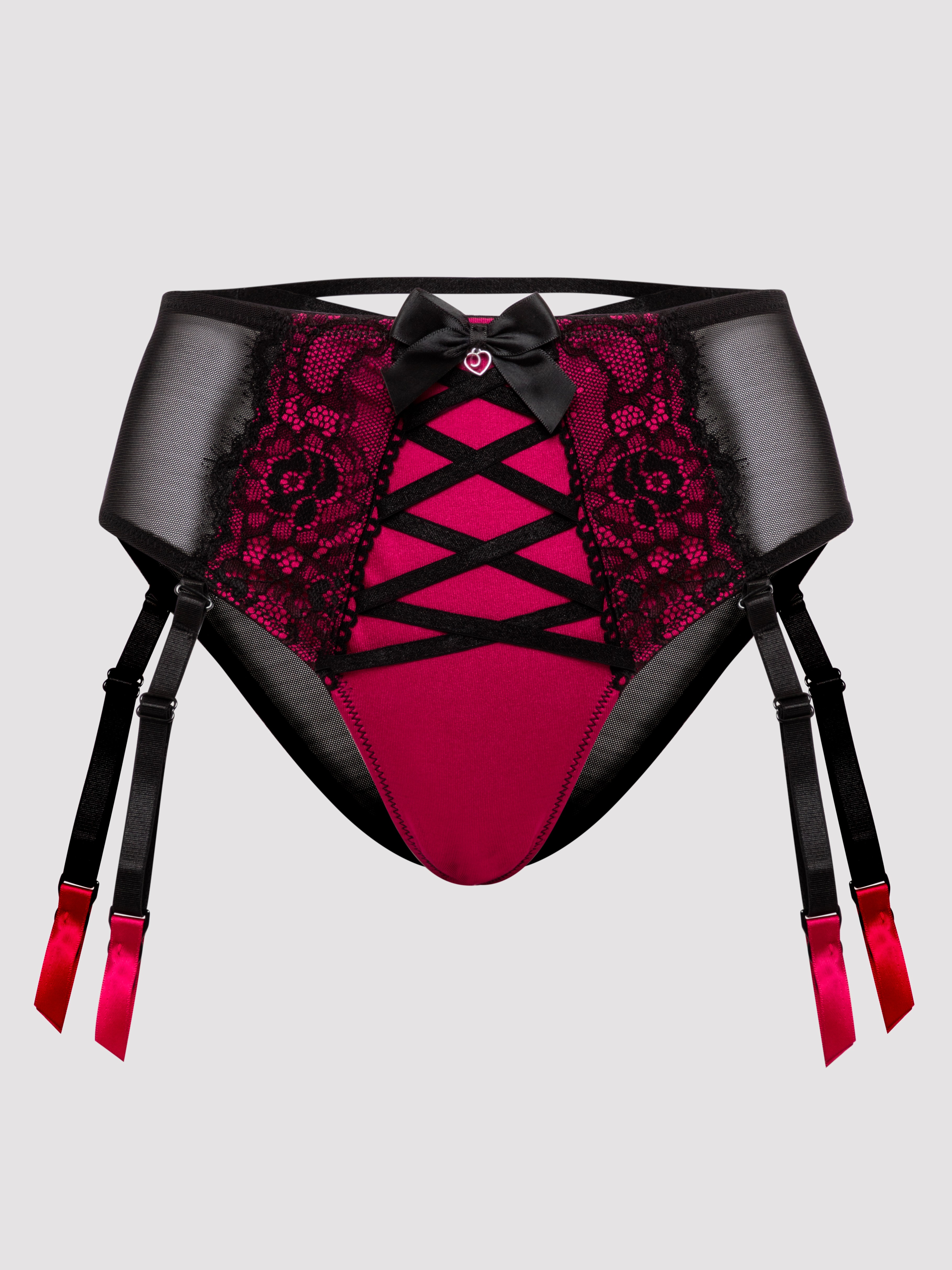 Lovehoney Boudoir Belle Cherry High-Waisted Brazilian Garter Panties, Black, hi-res