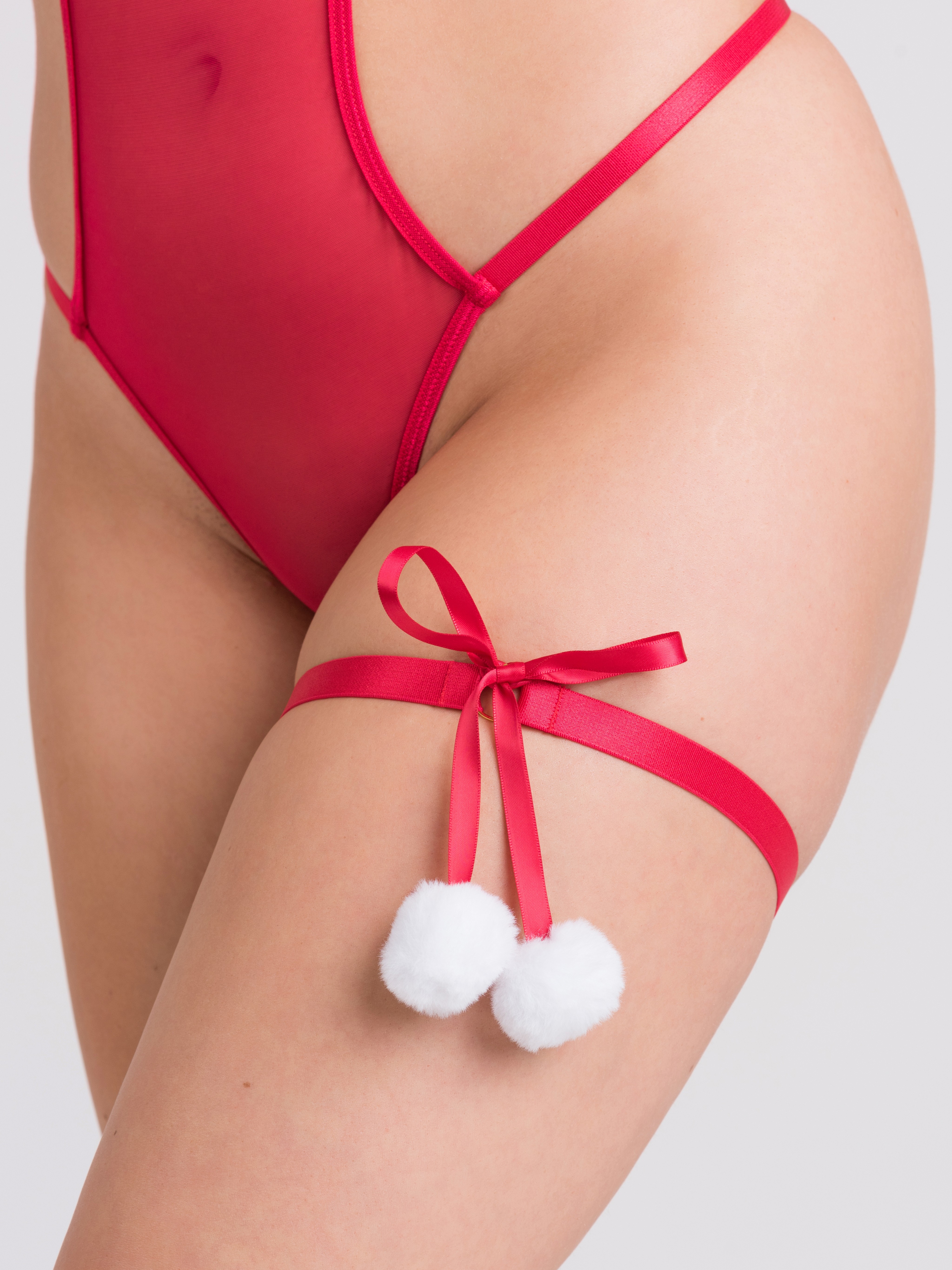 Lovehoney Fantasy Naughty Santa Open-Cup Crotchless Body with Garter, Red, hi-res