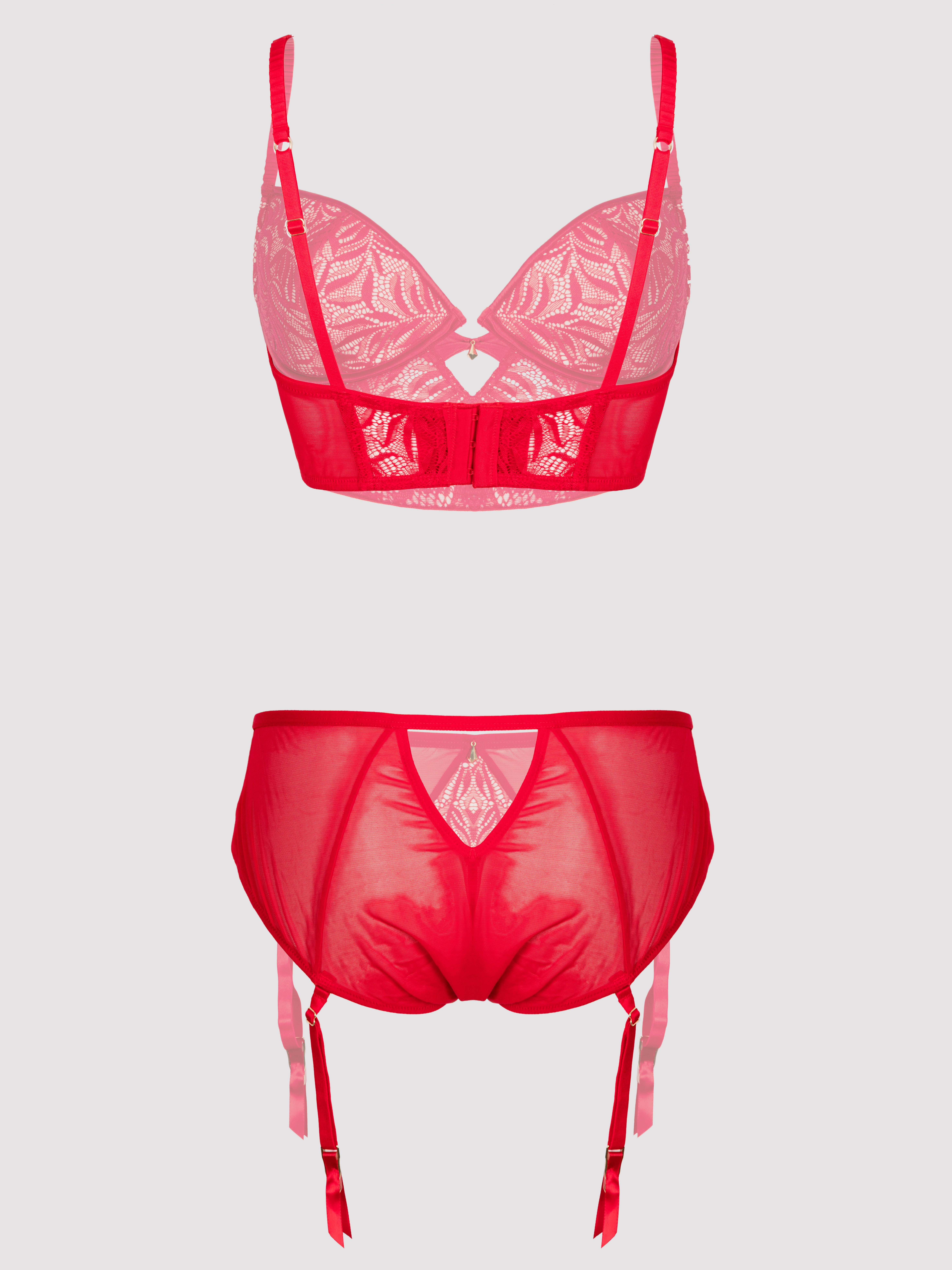 Lovehoney Parisienne Charm Black Lace Crotchless Bra Set, Red, hi-res
