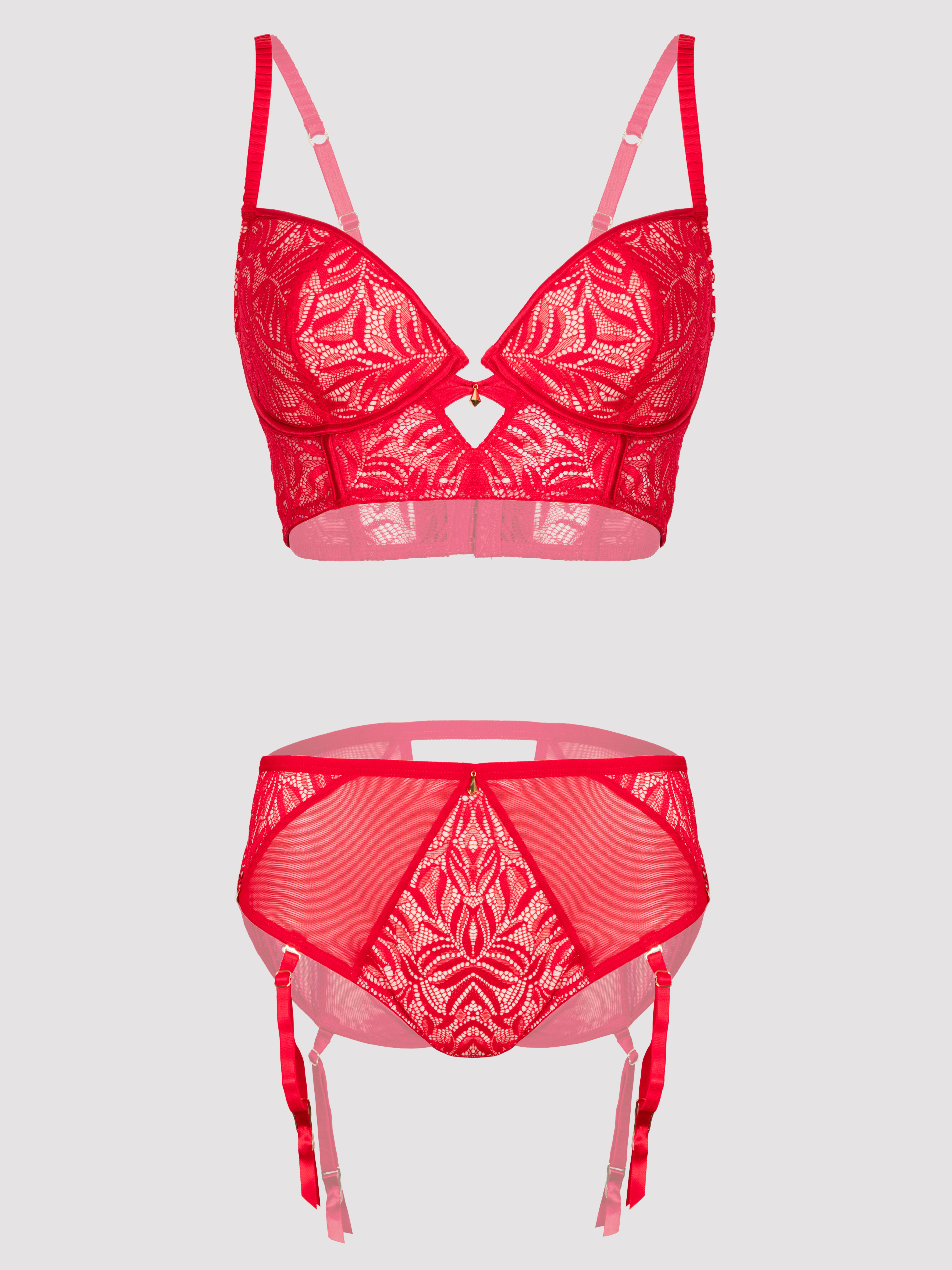 Lovehoney Parisienne Charm Black Lace Crotchless Bra Set, Red, hi-res