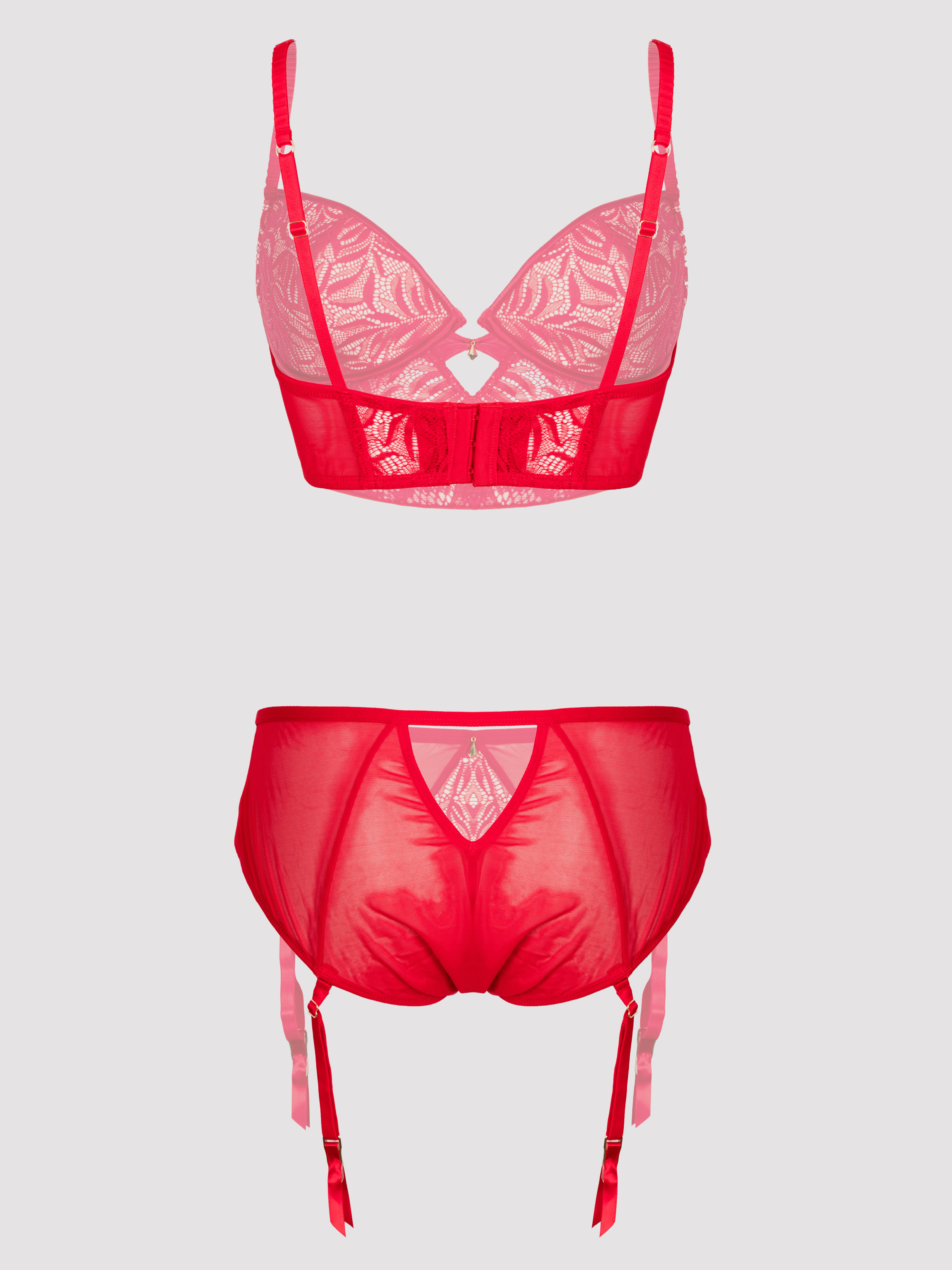 Lovehoney Parisienne Charm Black Lace Crotchless Bra Set, Red, hi-res