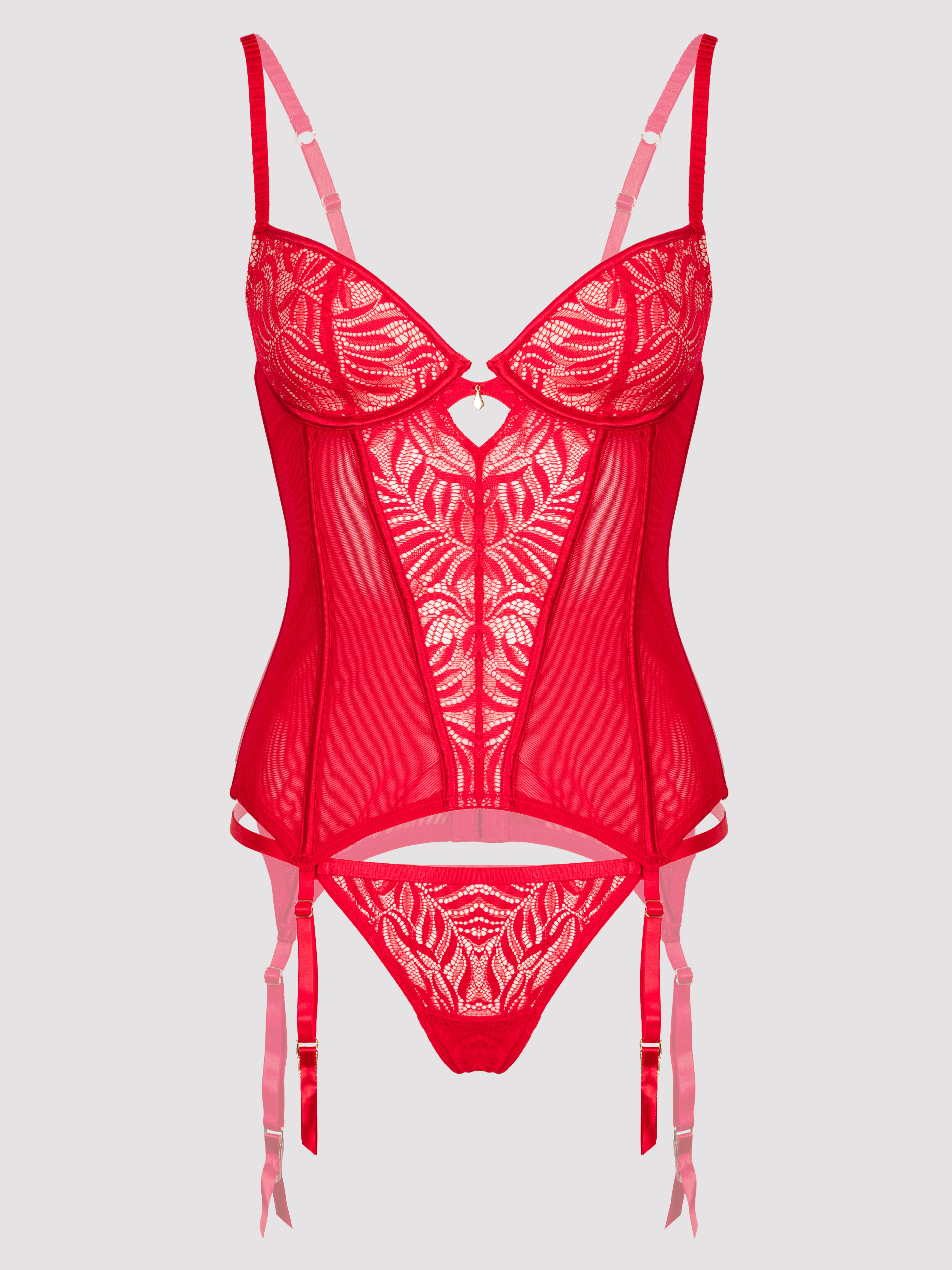 Lovehoney Parisienne Charm Lace Basque Set, Red, hi-res