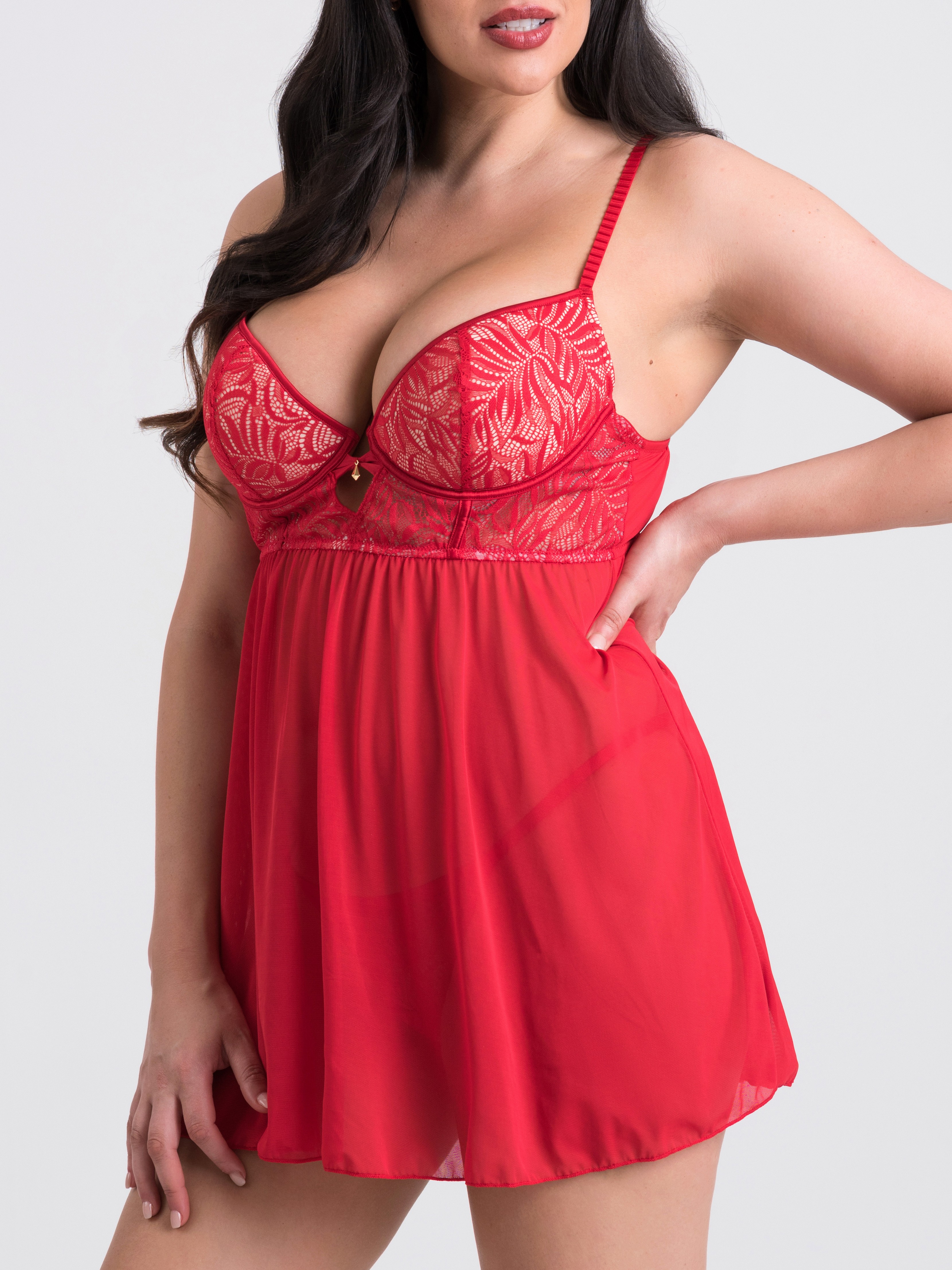 Lovehoney Plus Size Parisienne Charm Red Lace Babydoll Set, Red, hi-res