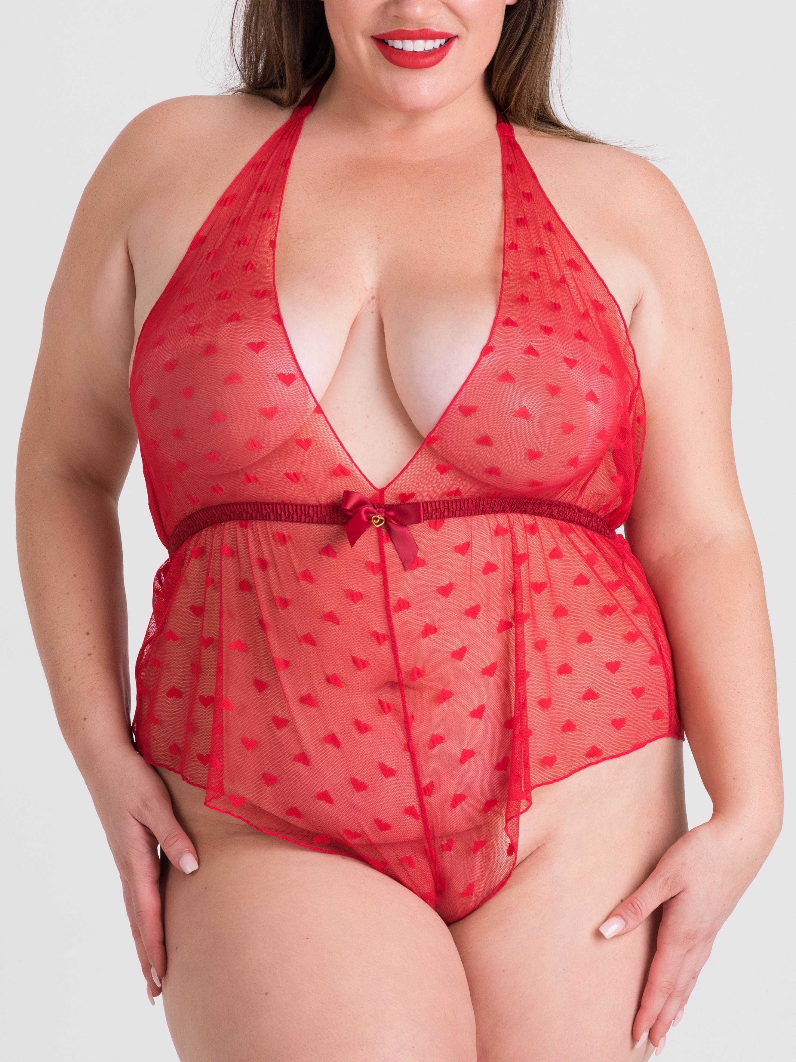 Image of Lovehoney Plus Size Barely There Red Sheer Hearts Crotchless Teddy - One Size Queen - Red