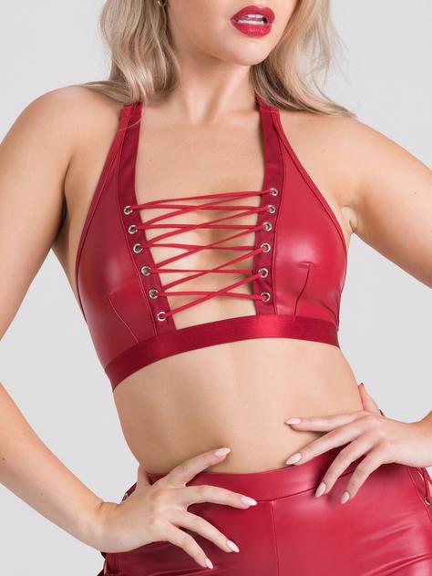 Lovehoney Fierce Leather-Look Lace-Up Red Halterneck Bra, Red, hi-res